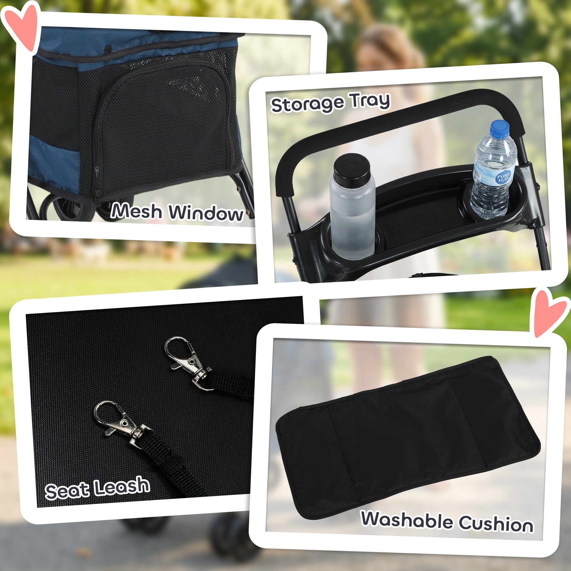 Foldable Pet Stroller for Small Dogs and Cats with 4 Wheels, Mesh Windows, Brake, Removable Pad, Storage Tray, Dark Blue