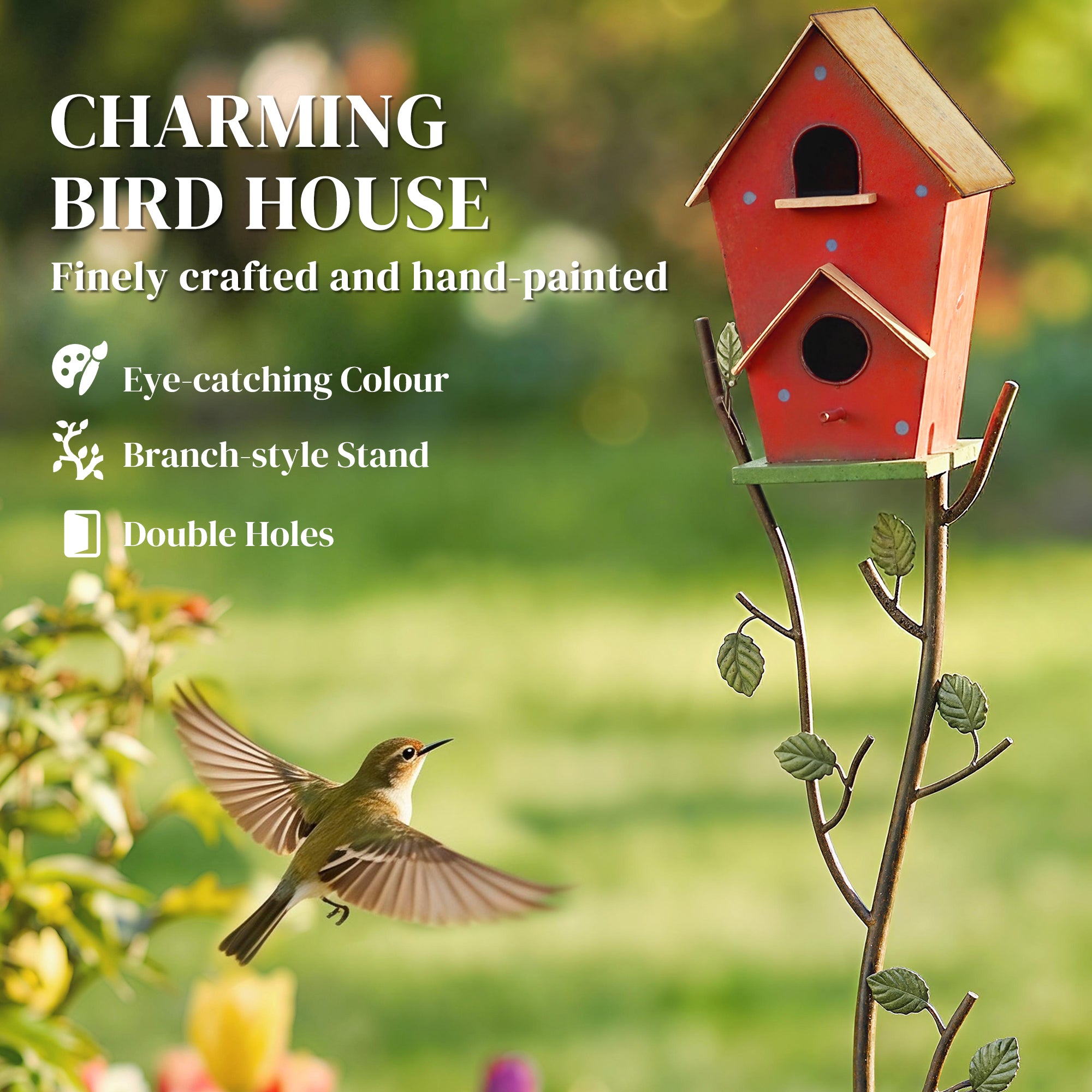 57" Outdoor Bird House with Pole, Metal Bird Houses for Outside, Double-Hole Birdhouse Outdoor Decoration, Red