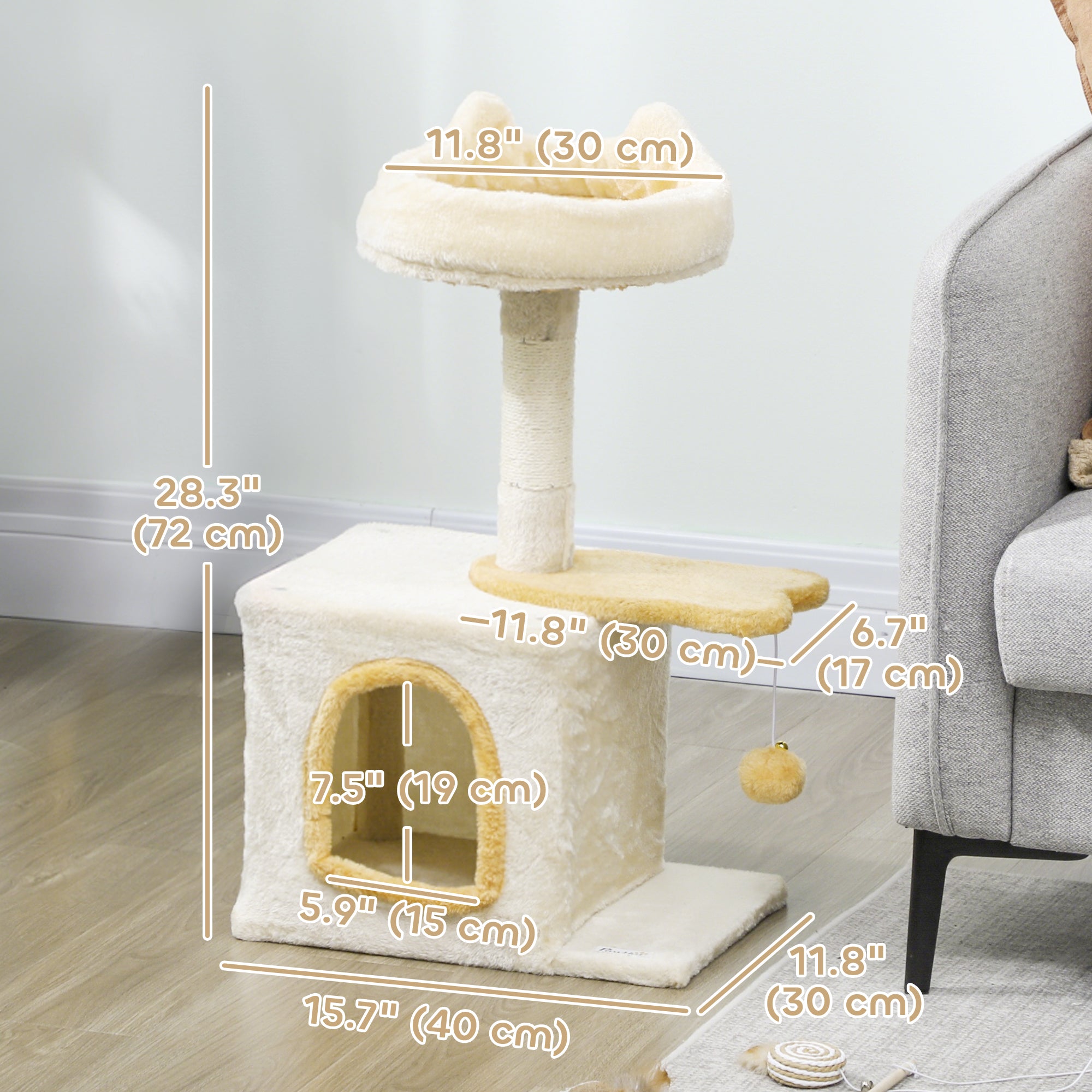 28" Cat Tree Tower with Plush Top Bed, Cozy Condo, Sisal Scratching Post, Perch, Dangling Ball, Beige and Yellow