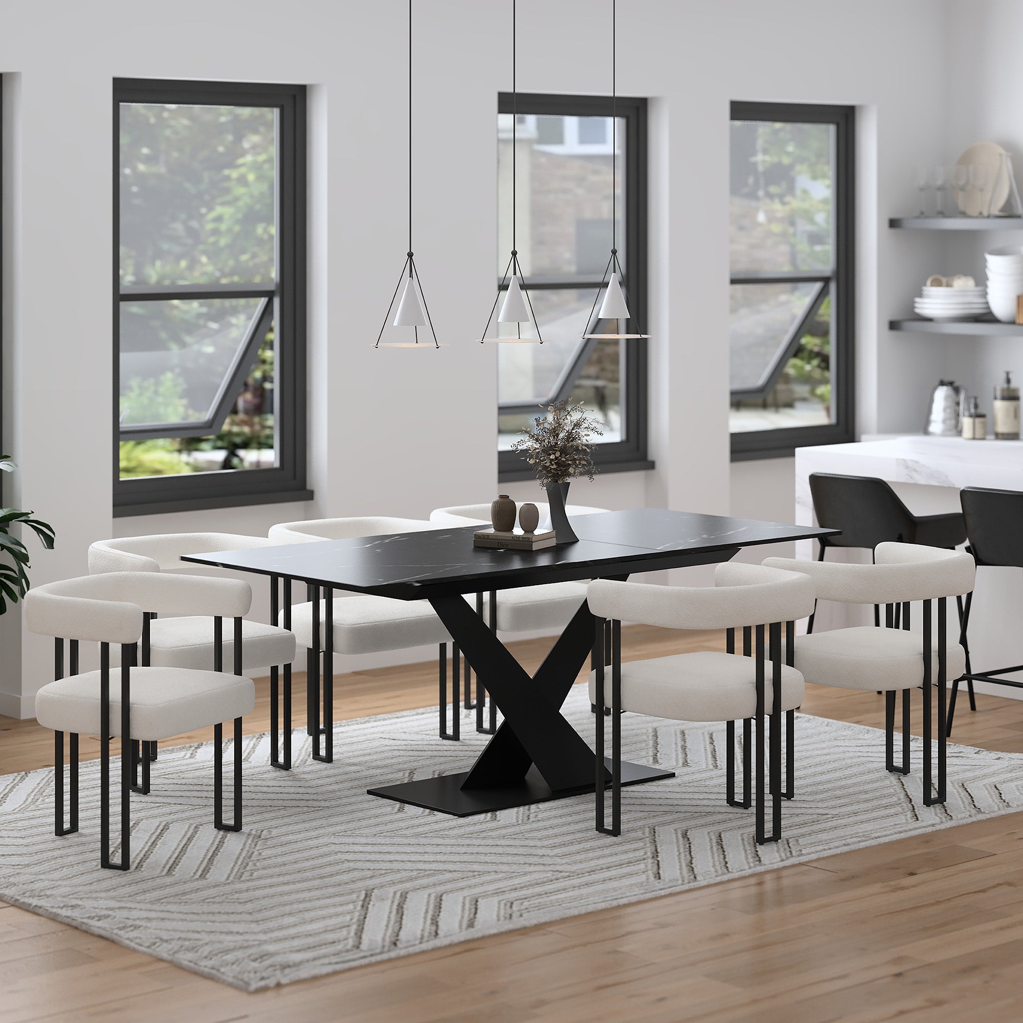 Julius 7-Piece Dining Set - Sintered Stone Table & Boucle Chairs-DECOROLALA