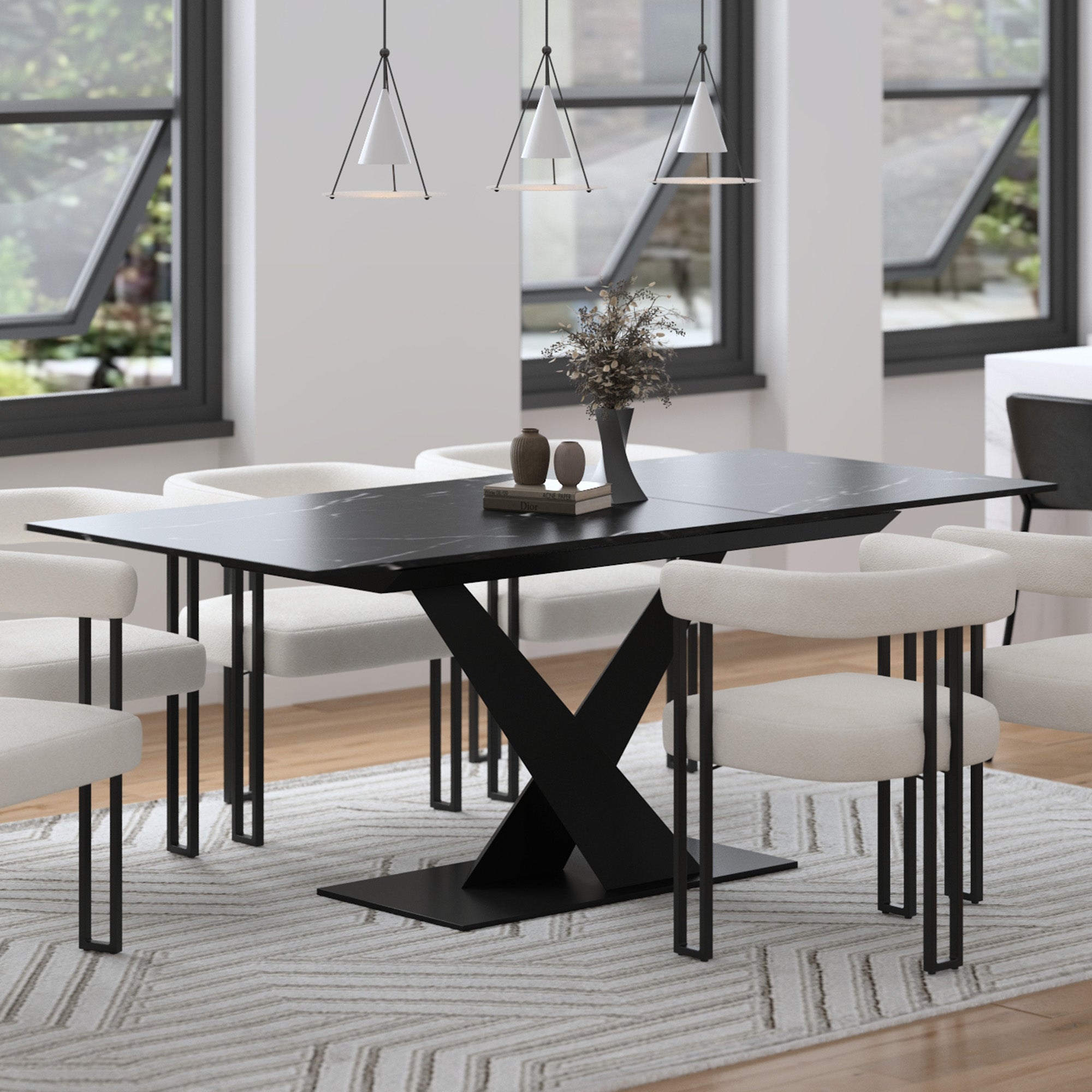 Julius Extension Dining Table - Black Sintered Stone Marble Effect-DECOROLALA