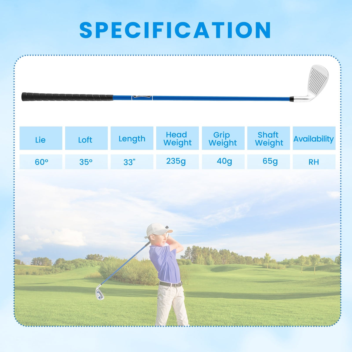 Junior #7 Iron for Kids with Fiberglass Shaft and Headcover-Blue-Golf-DECOROLALA