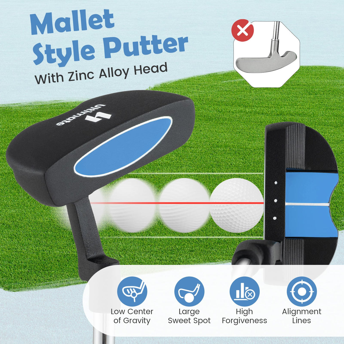 Junior Mallet Putter Individual Gold Club for Kids Ages 11-14-Blue-Golf-DECOROLALA