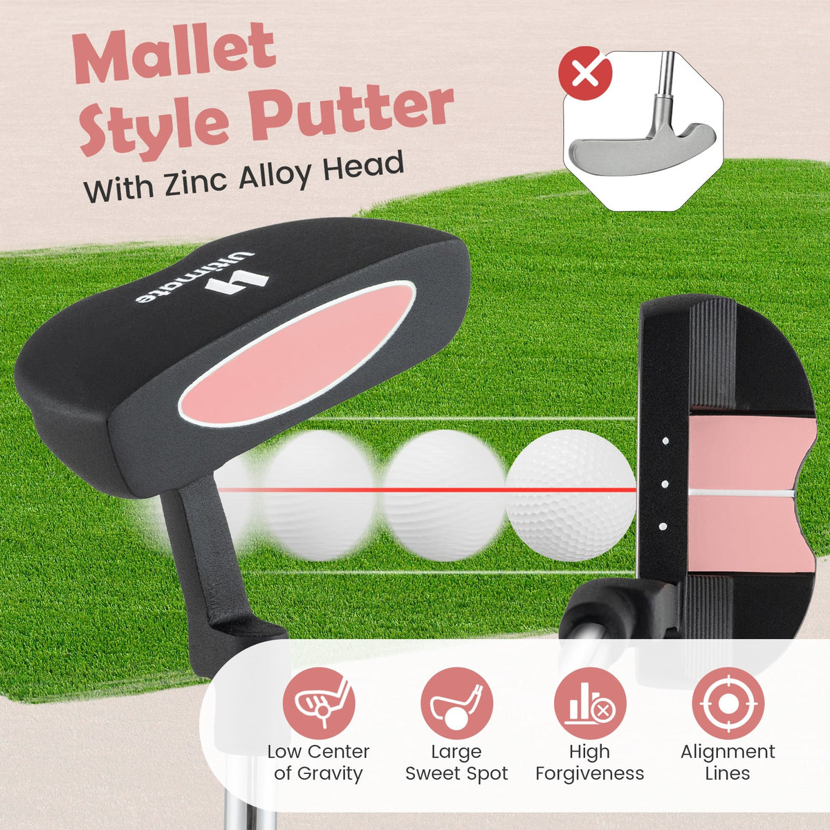 Junior Mallet Putter Individual Gold Club for Kids Ages 11-14-Pink-Golf-DECOROLALA