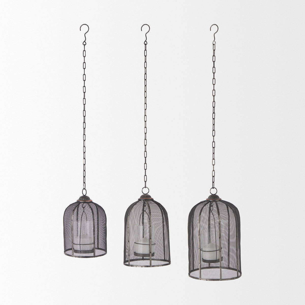 Jutland Set of Three Black Metal Bird Cage Candle Holder Lanterns-Lanterns-DECOROLALA