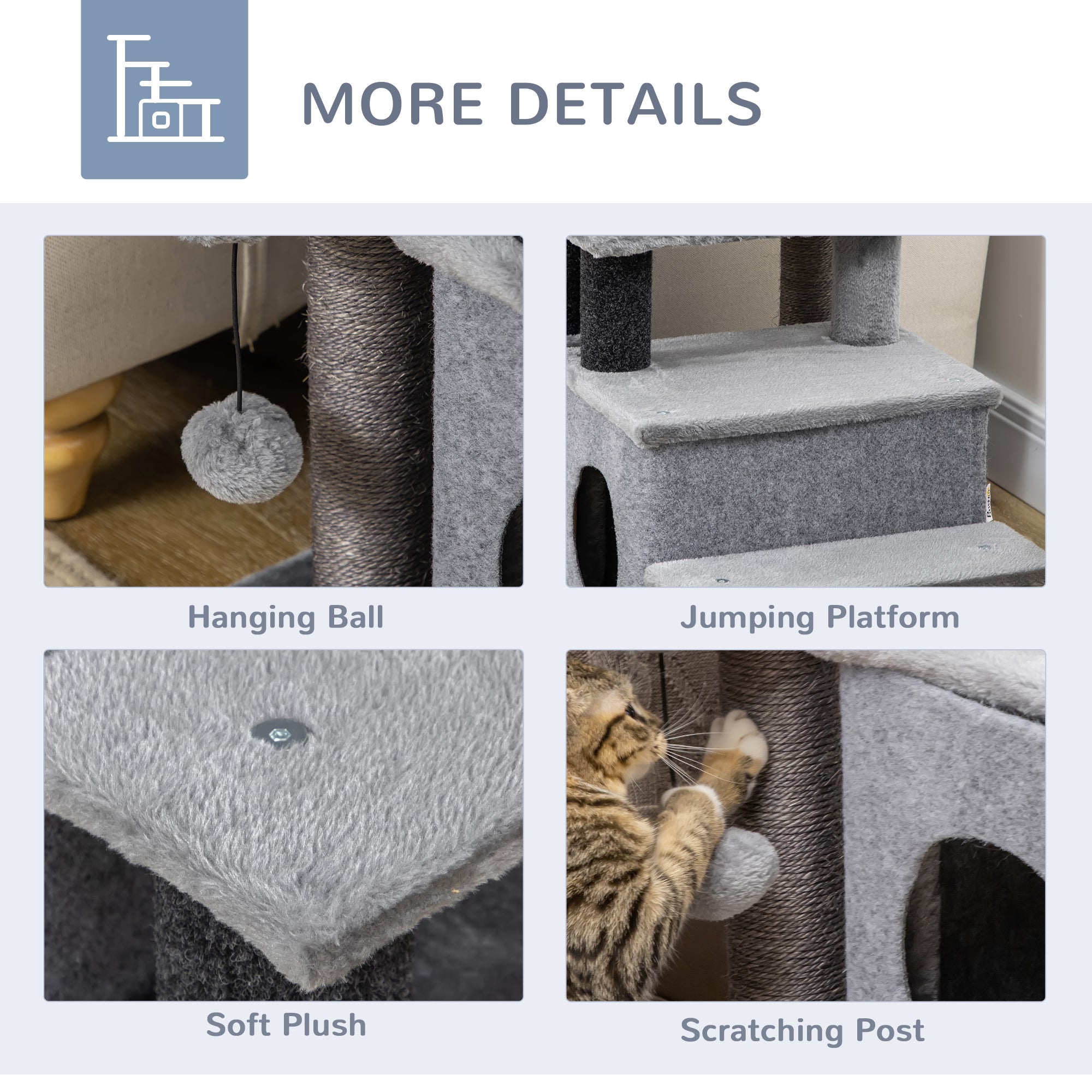 Cat Stairs Pet Steps for Couch Bed with Scratching Posts Condo Ball Toy, 23.6" x 15.7" x 26", Grey