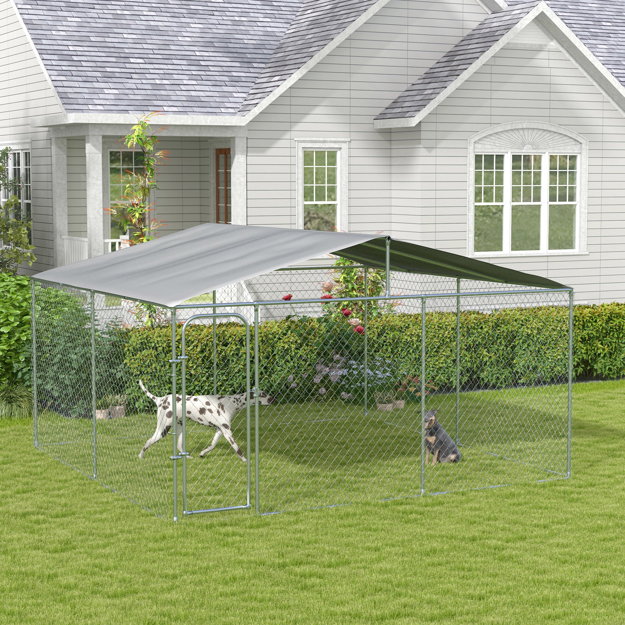 Chenil extérieur pour chien, parc robuste avec verrou sécurisé et couverture, pour jardin et terrasse, 13.1' x 13.1' x 7.5'