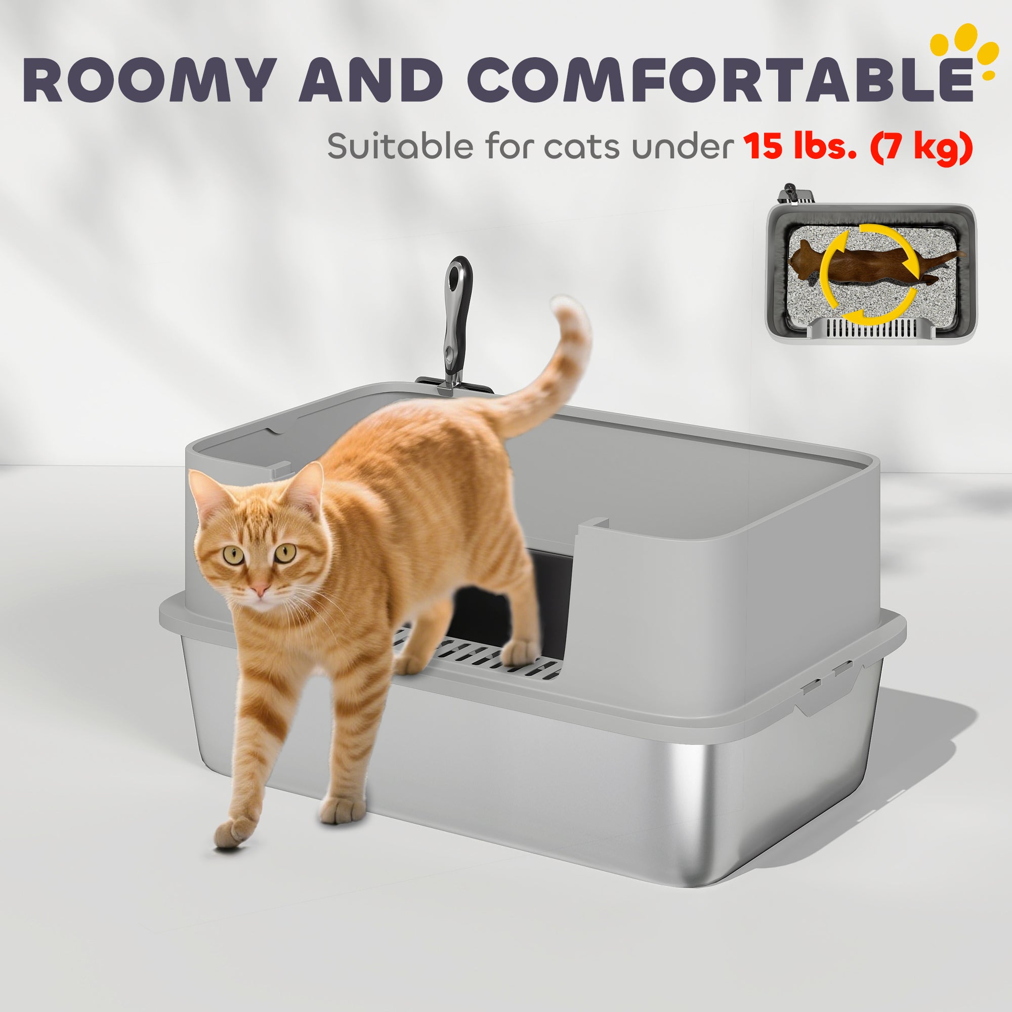 Stainless Steel Litter Box, XL High Sided Cat Litter Box with Scoop, Anti Leakage & Easy to Clean, 24" x 16" x 12", Grey
