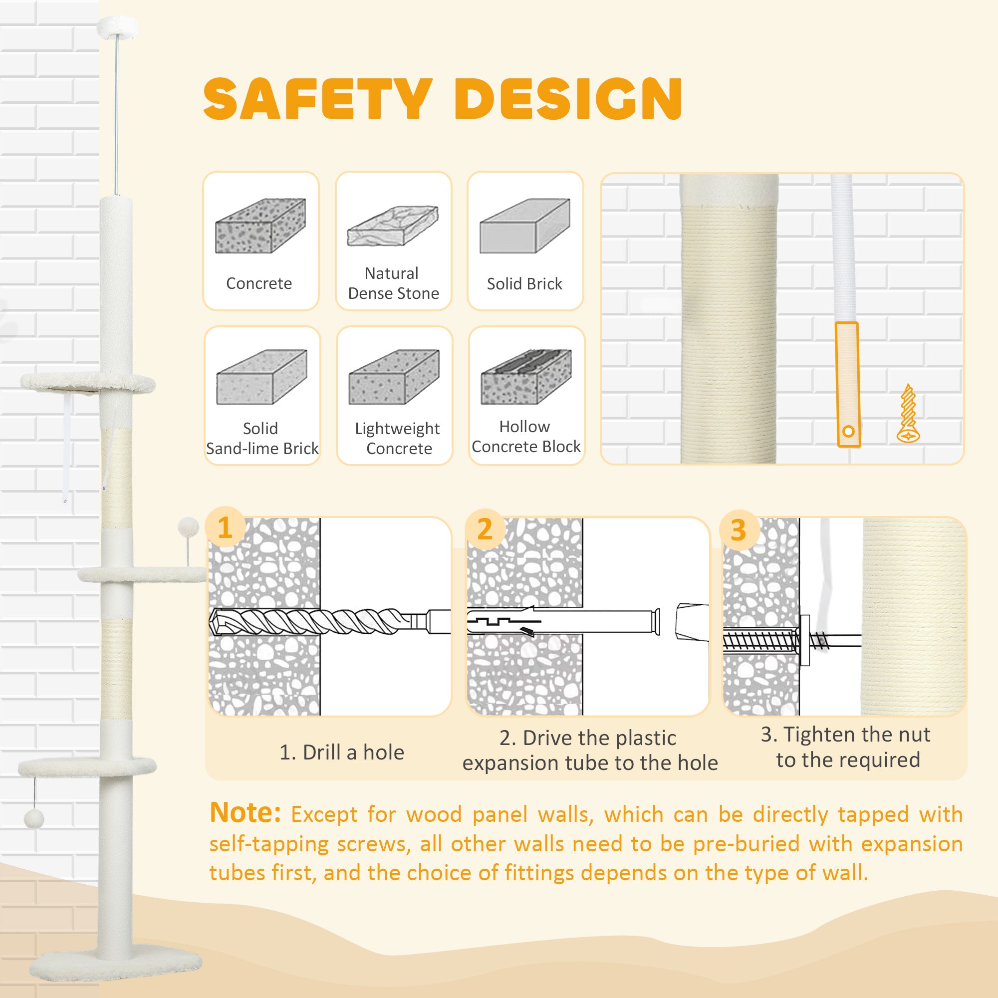 88.5"-100.5" Floor to Ceiling Cat Tree, Cat Tower with Scratching Posts, Cloud Shaped Platforms, Dangling Balls, Cream