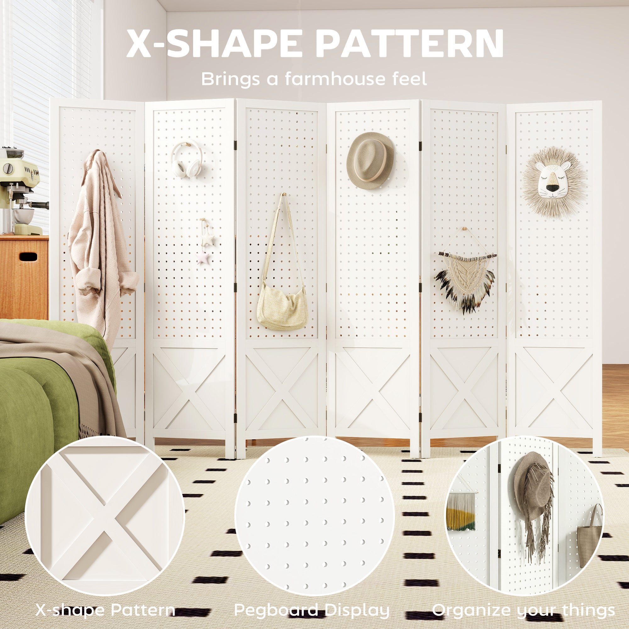 56.9" 6 Panel Wooden Room Divider with Pegboard Display, Folding Privacy Screen for Home Office, White