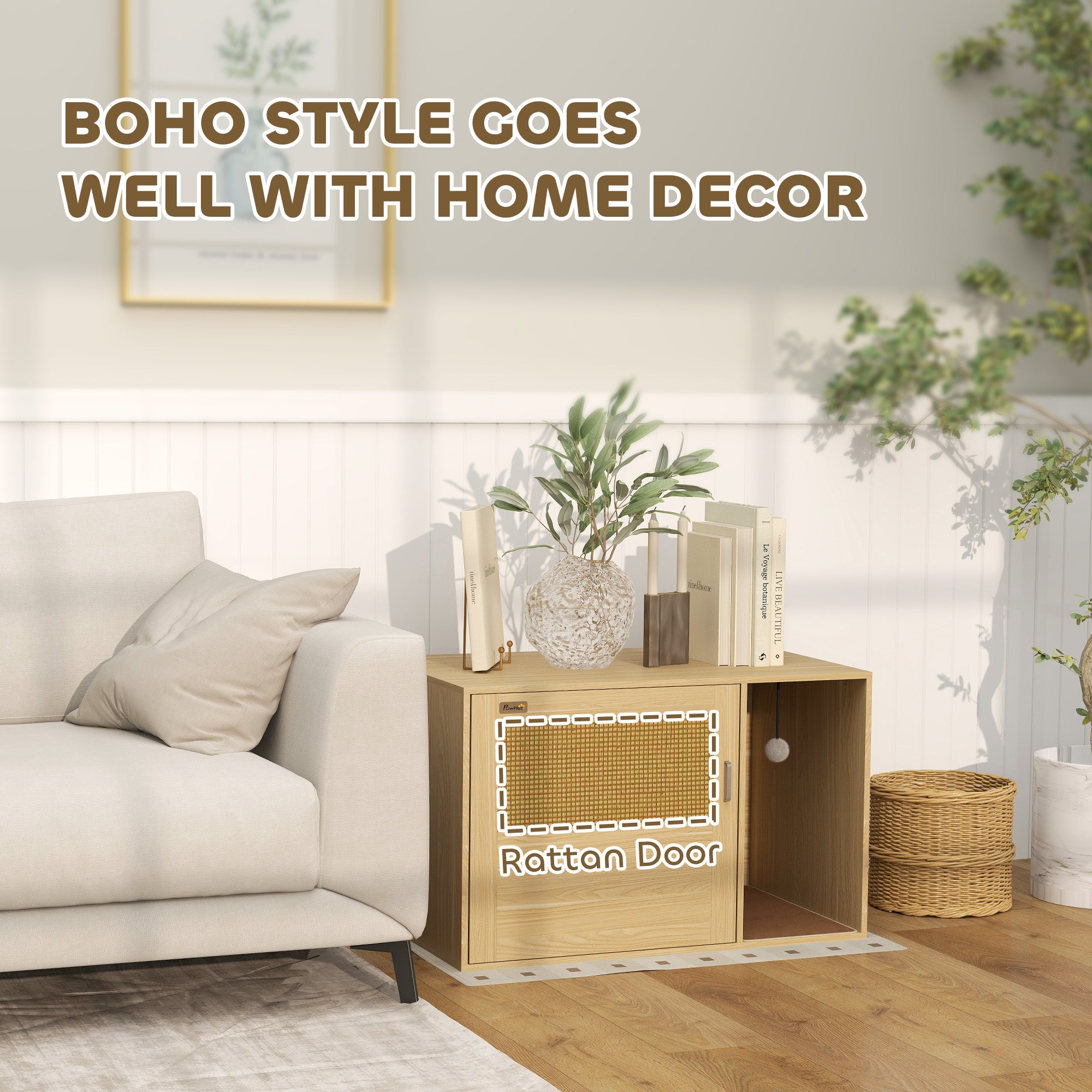 Cat Litter Box Enclosure, Cat Washroom End Side Table with Rattan Door, Scratching Pad, Non-slip Foot Pads, Oak
