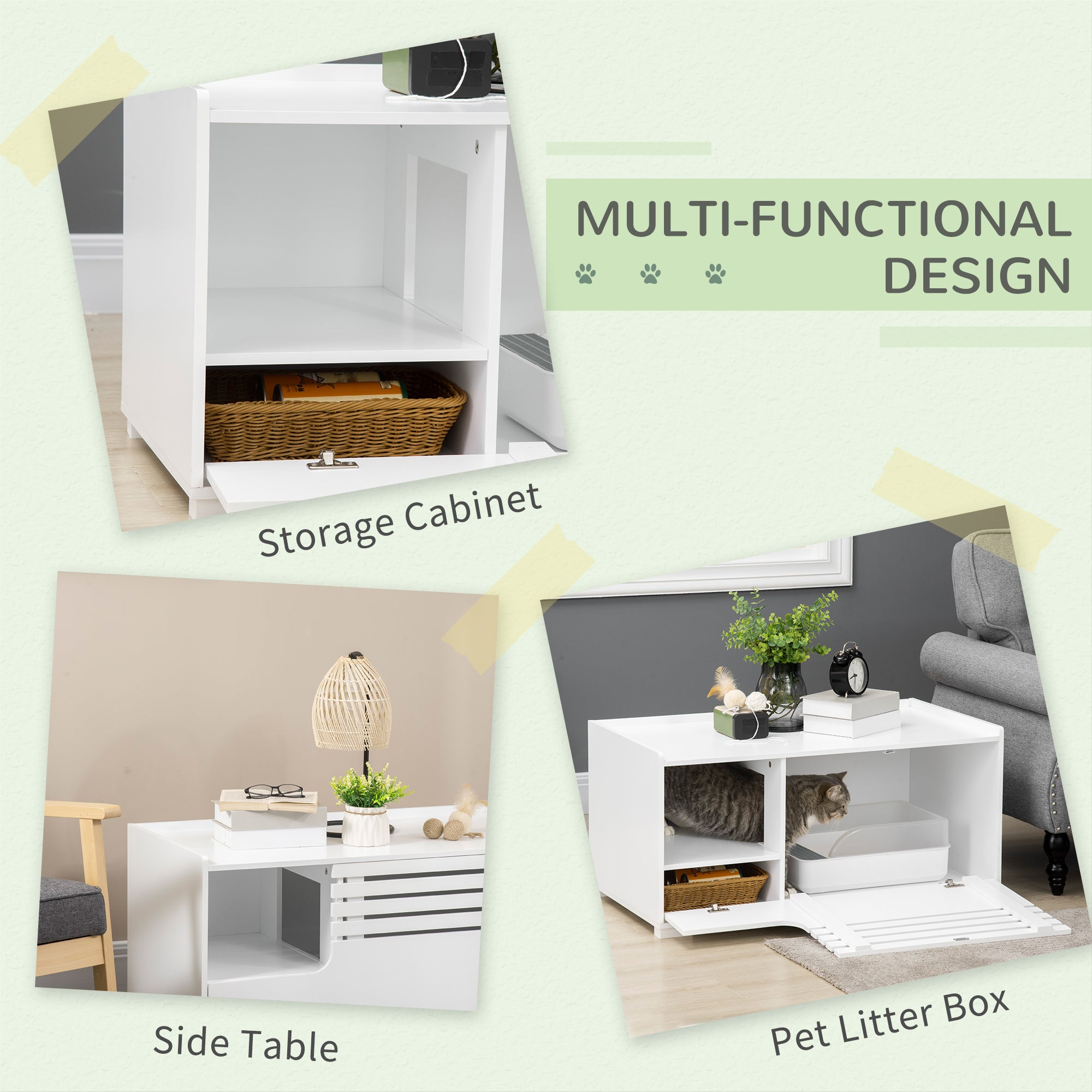 Hidden Cat Litter Box Furniture, Cat Litter Box Enclosure with Storage Compartments and Side Table Function, White