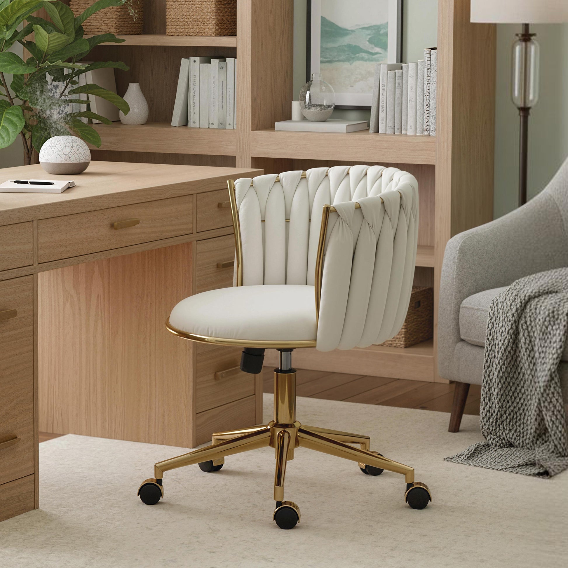 Office Chair, Vanity Chair with Woven Back, Adjustable Height, Rolling Wheels, Cream White-Office Products > Office Furniture > Office Chairs > Task Chairs-DECOROLALA