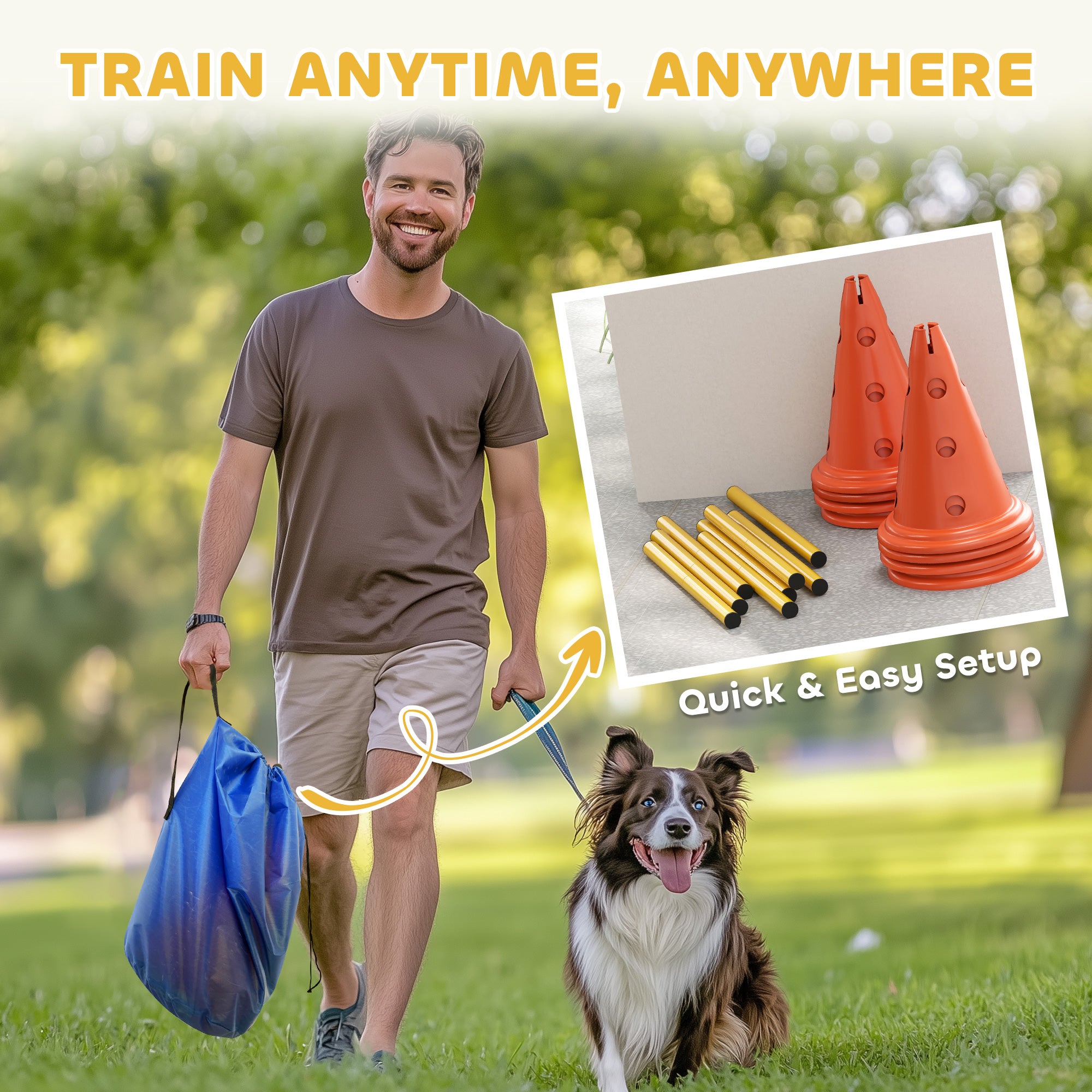 Ensemble de cônes pour haies d’agilité canine, équipement de parcours d’obstacles réglable avec 8 cônes et 8 poteaux, sac de transport, orange