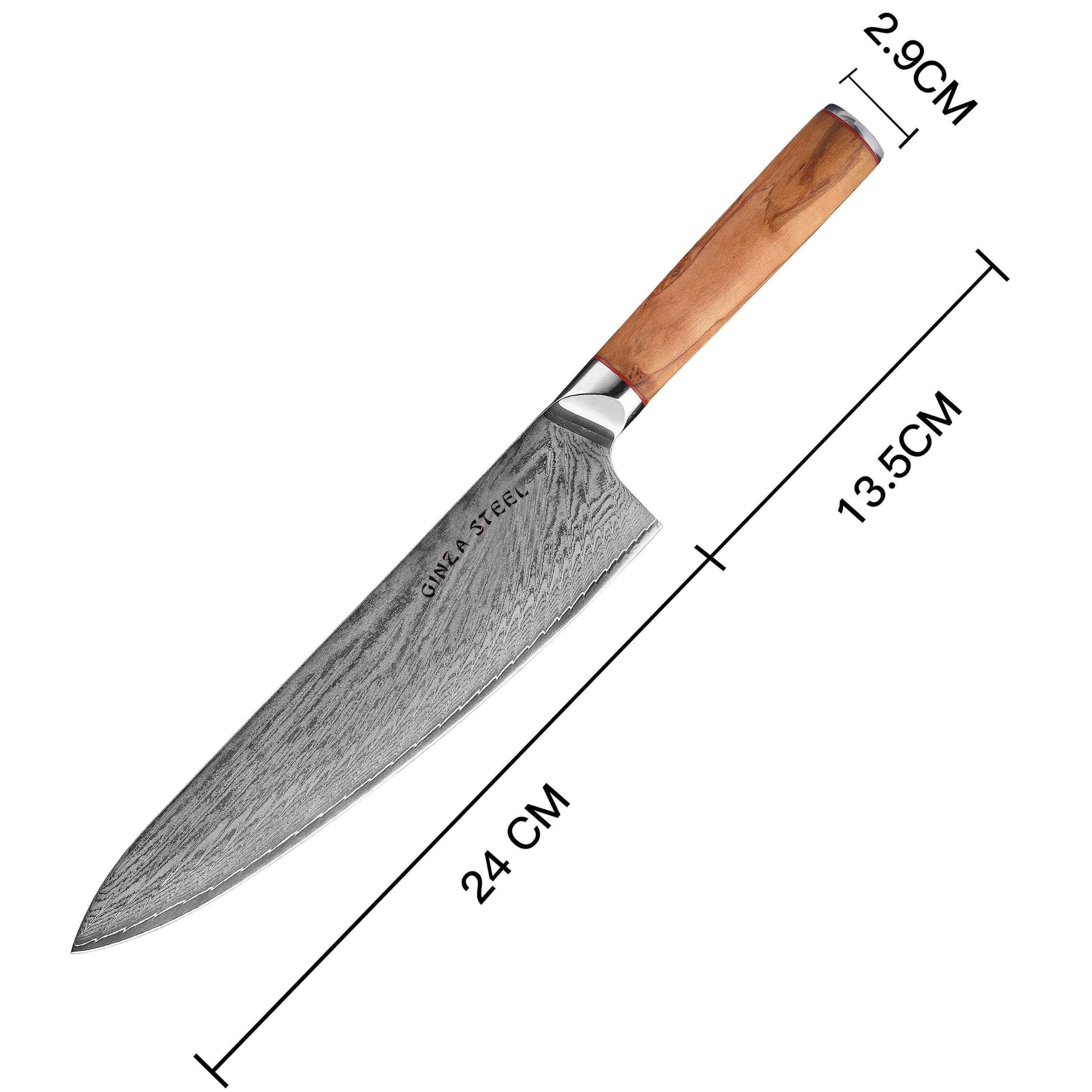 Ginza Steel MIA 24 Chef Knife 9” – Damascus AUS10, 67-Layer, Olive Wood Handle-3