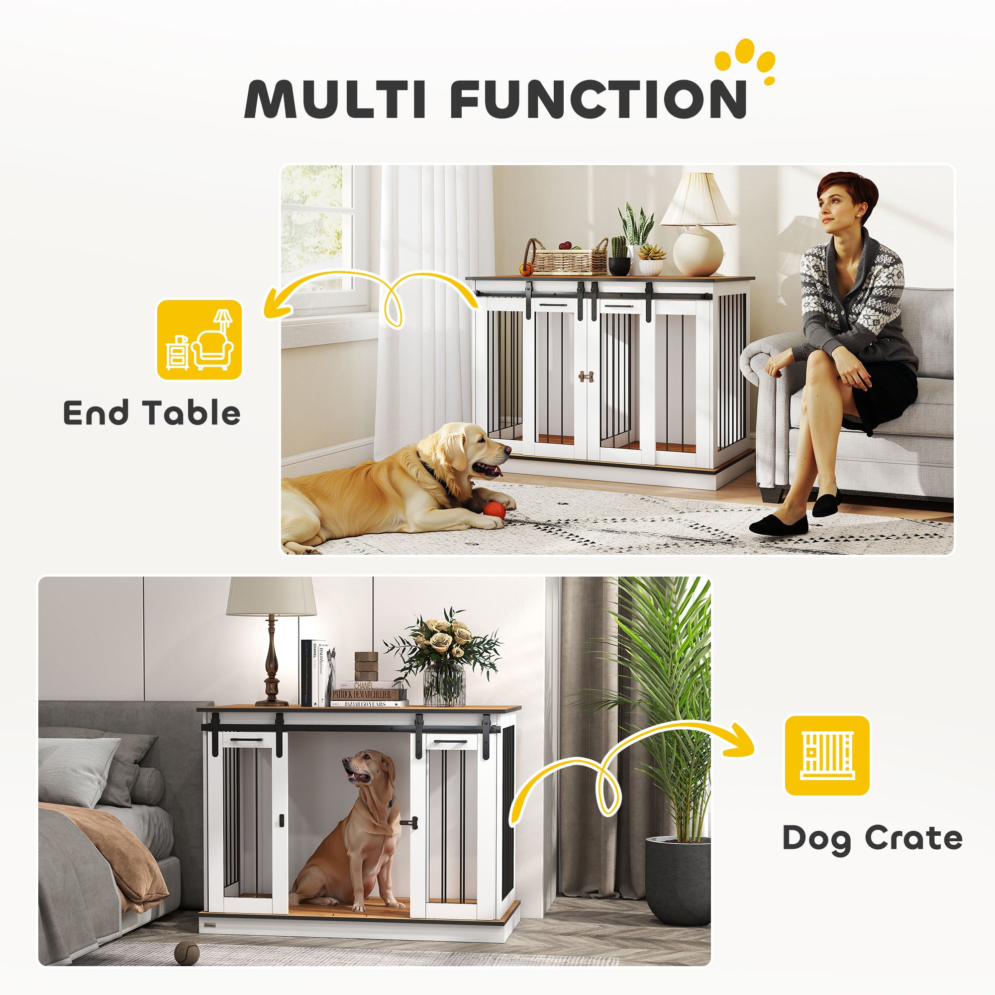 47in Dog Crate Furniture with Divider Panel, Wooden Dog Kennel TV Stand for Large Breeds, Pet House Side Table for 2 Small Breeds with 2 Rooms Design, 2 Sliding Doors, White
