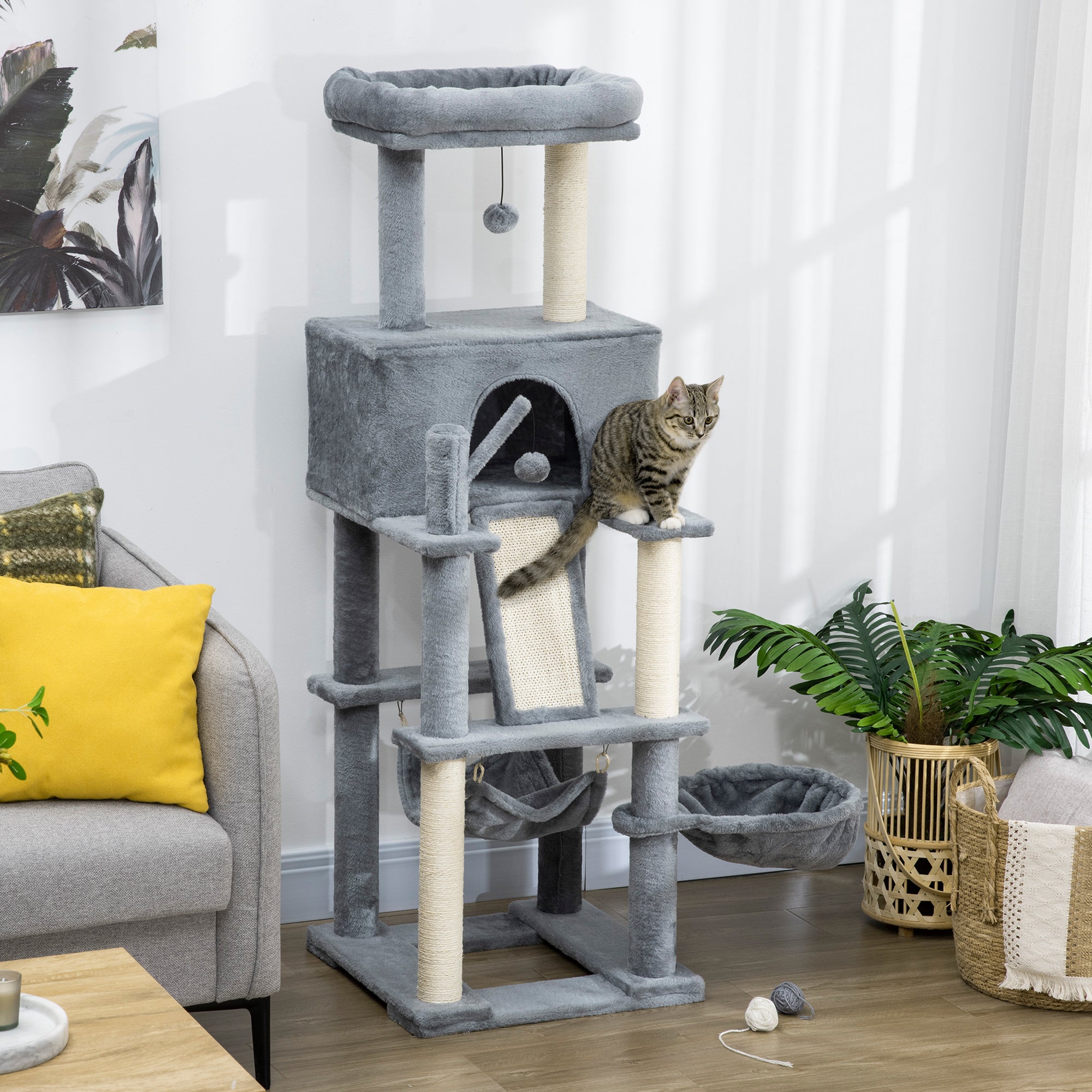 55" Cat Tree for Indoor Cats, Cat Tower, Kitty Activity Center with Cat Bed Ramp Condo Hammocks Hanging Ball Toys Sisal Rope Scratching Post, Grey
