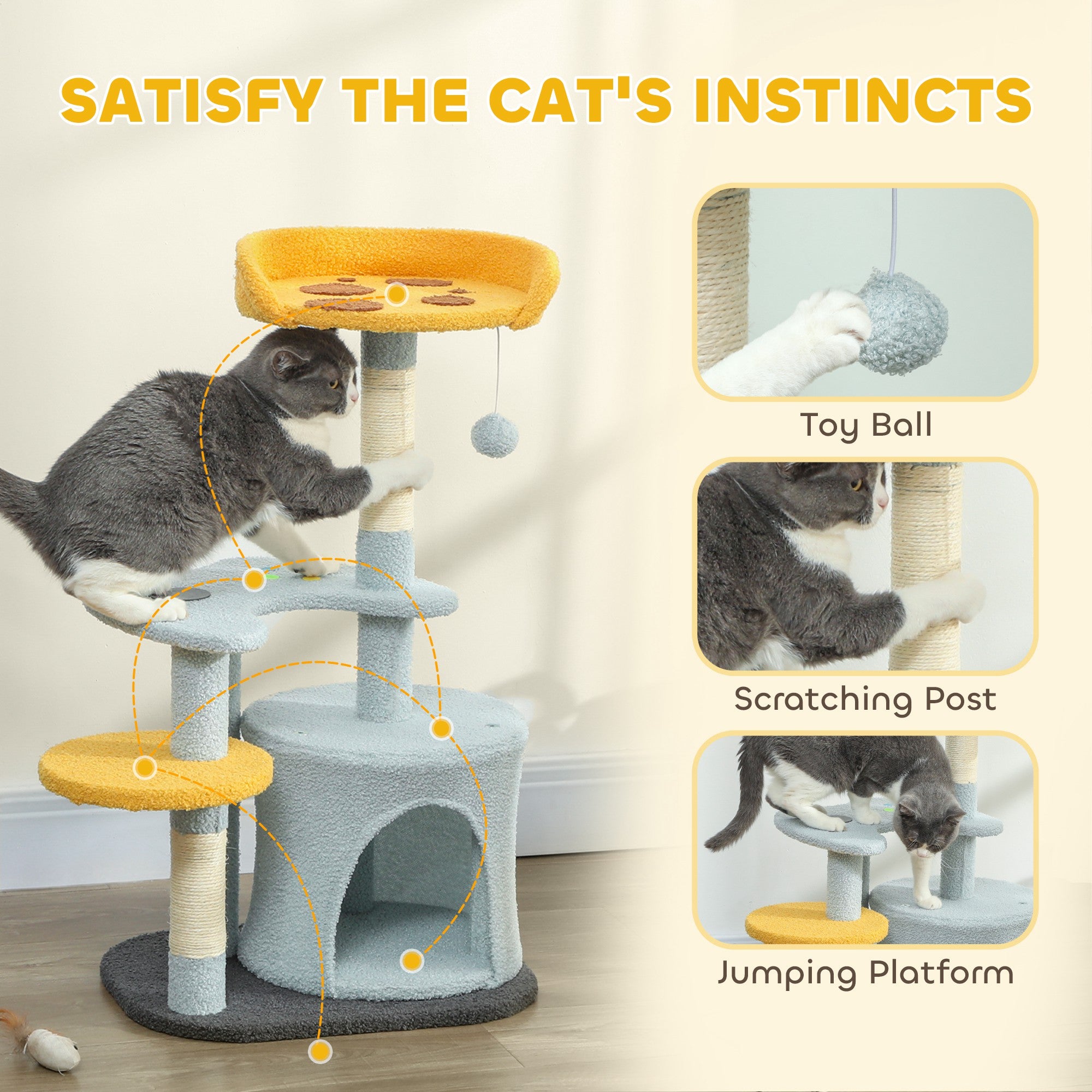 Cat Tree for Indoor Cats, 31.5 inch Cat Tower with Plush Perch, Platform, Condo, Scratching Post and Toy Ball, Blue