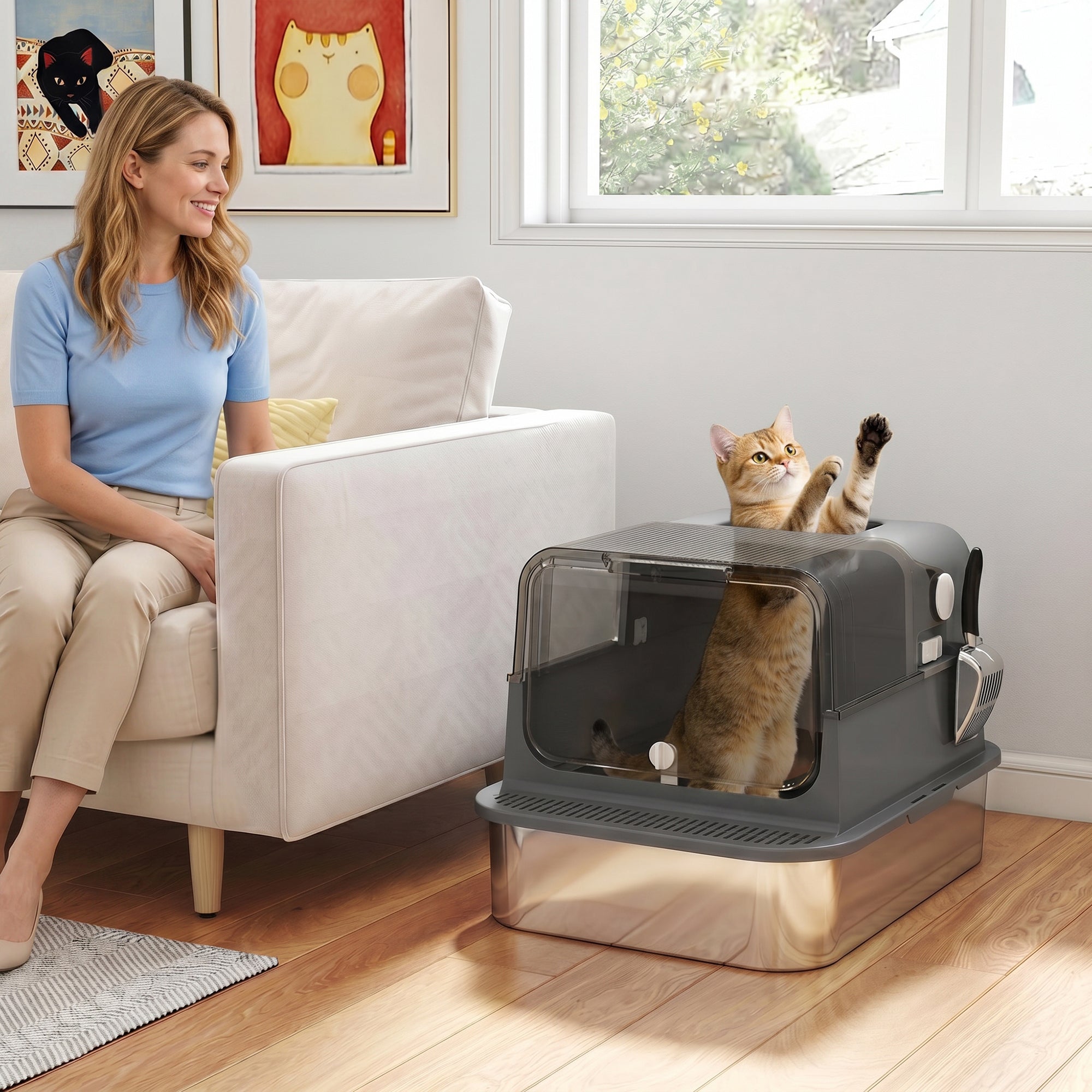 XXL Stainless Steel Cat Litter Tray, Enclosed Cat Litter Box for Big Cats with High Sides, Scoop, Easy Clean, Black