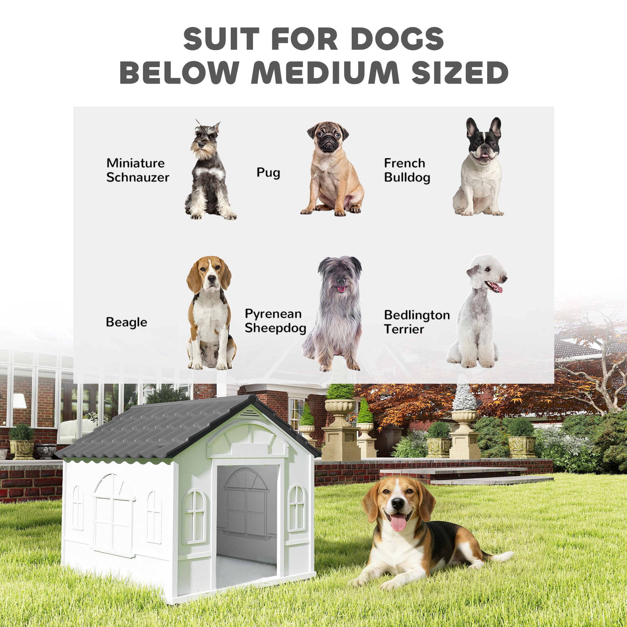 26" Plastic Dog House Outdoor with Air Vents, for Small Medium Dogs, Grey