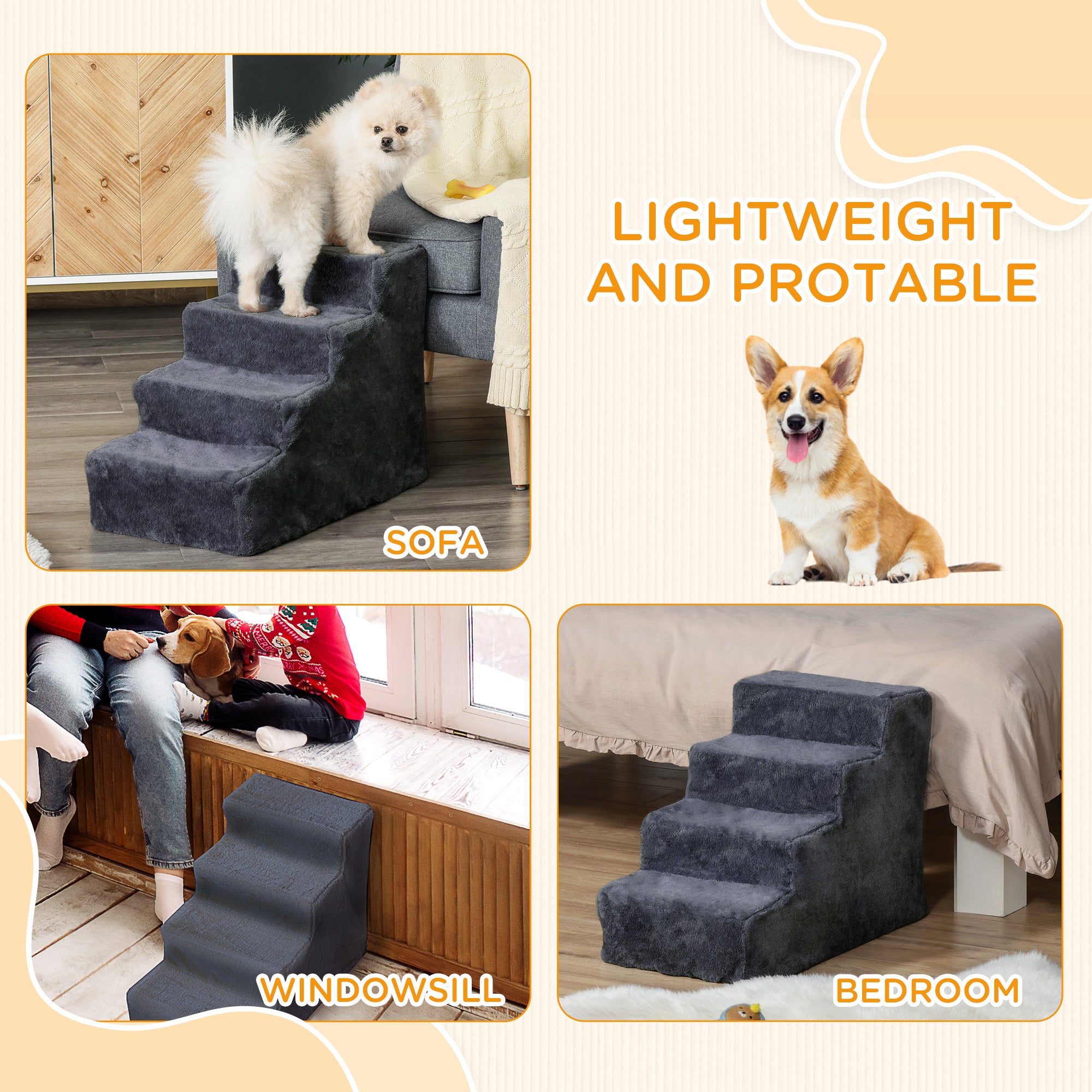 4-Step Dog Ramp for Sofa, Bed, and Couch, with Removable Cover, Dark Grey