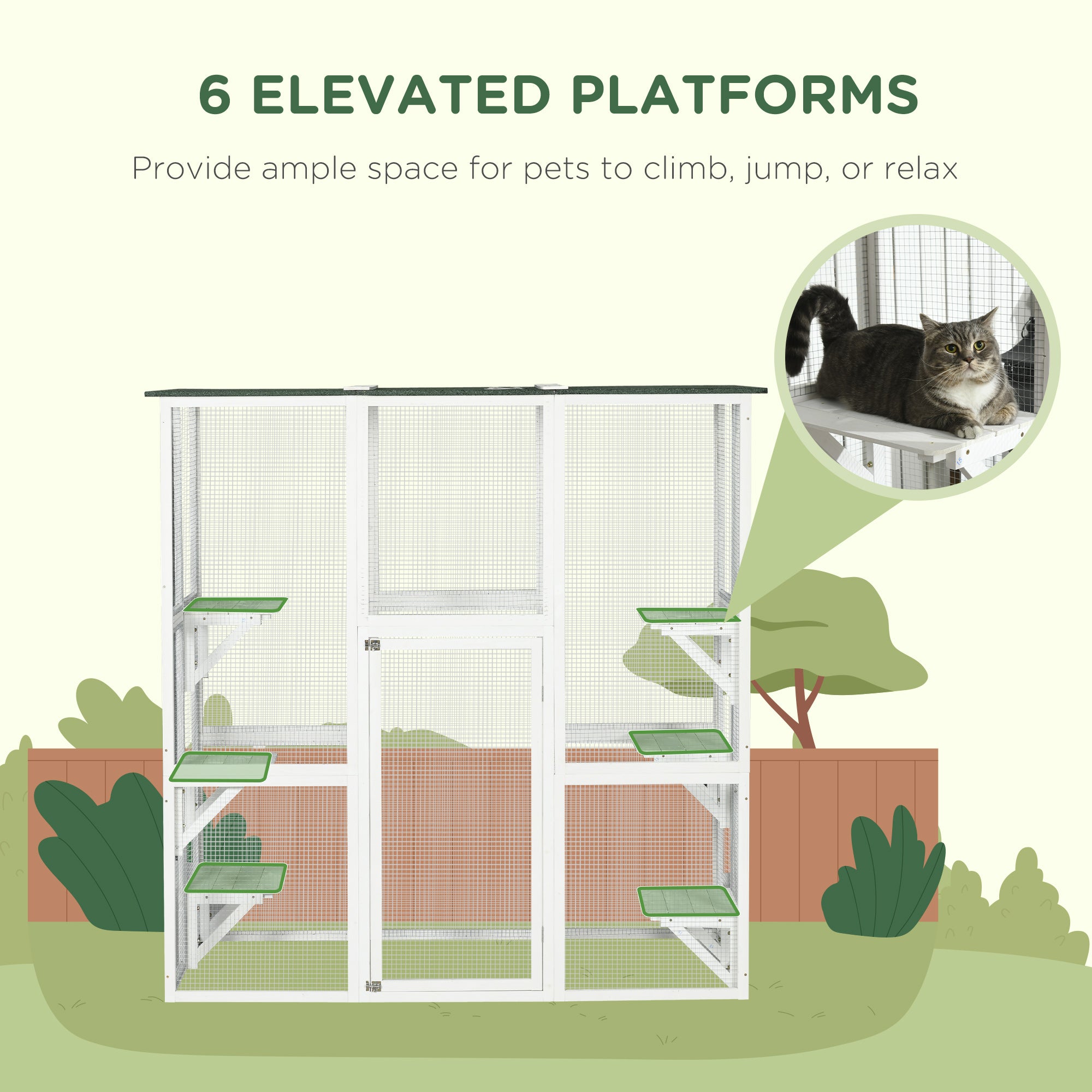 Grande enclosure extérieure pour chats, patio en bois pour chats avec 6 plateformes équilibrées et toit en asphalte, 70.9" x 38.6" x 70.9", blanc