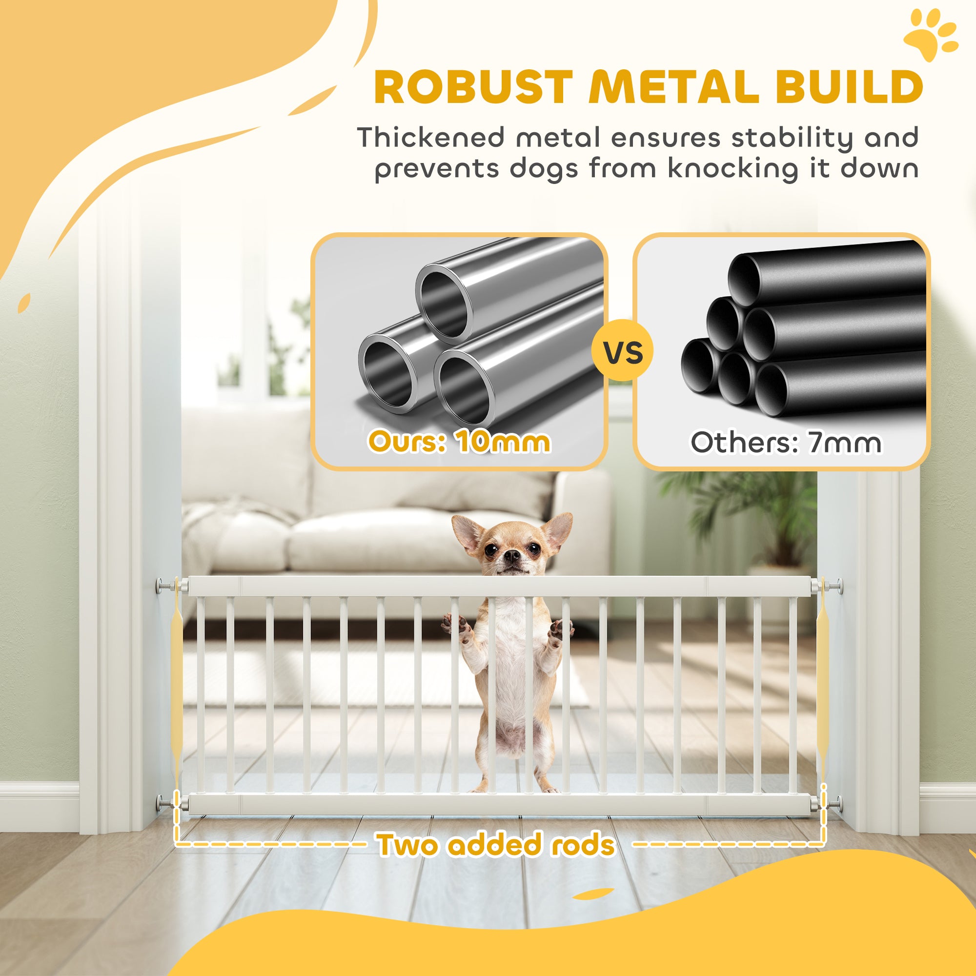 26"-37" Dog Gate, Adjustable Pet Gate, Fits 14" Tall with 2 Extension, Pressure Mount Kit for Stairs and Doorways, White