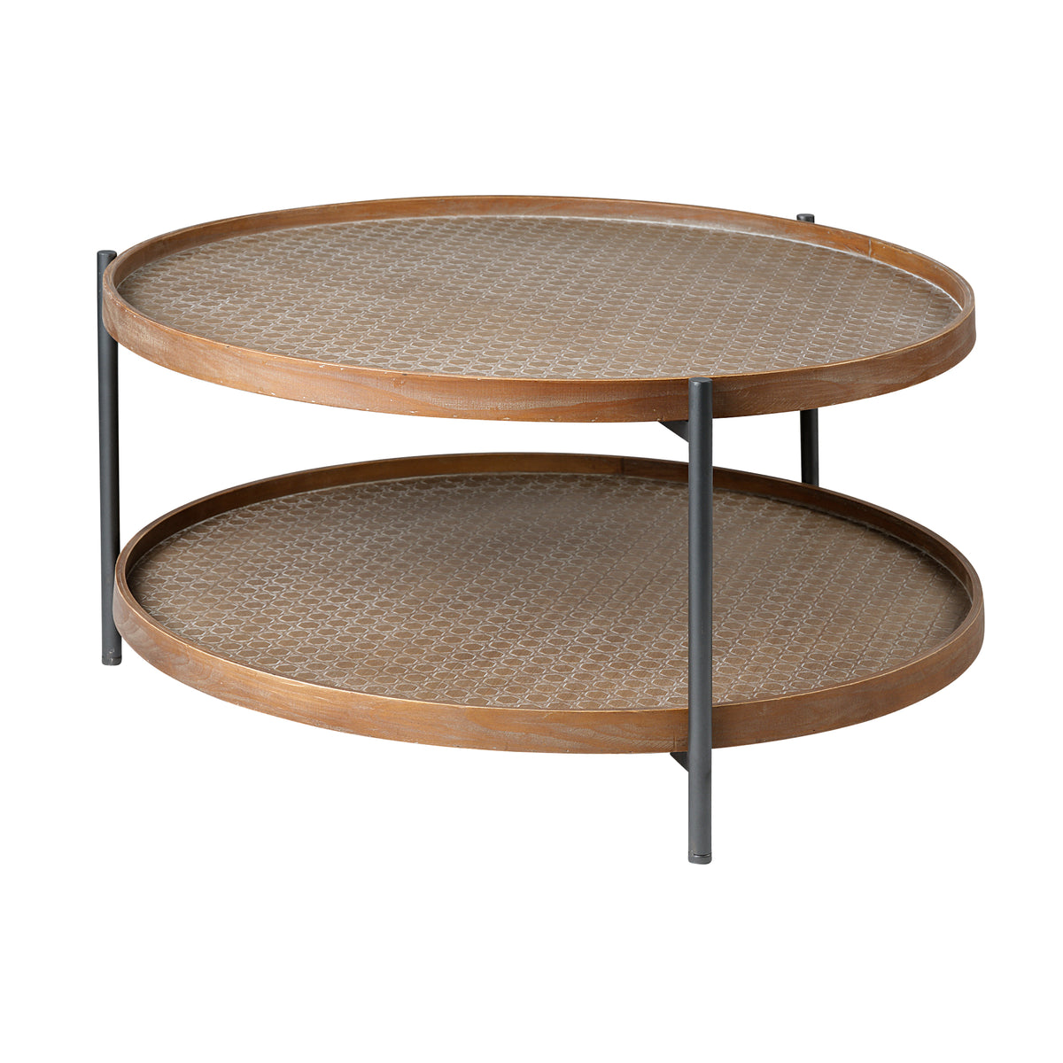 Kade 33" Round Brown Table Gray Metal Frame Two-Tier Coffee Table-Coffee Tables-DECOROLALA