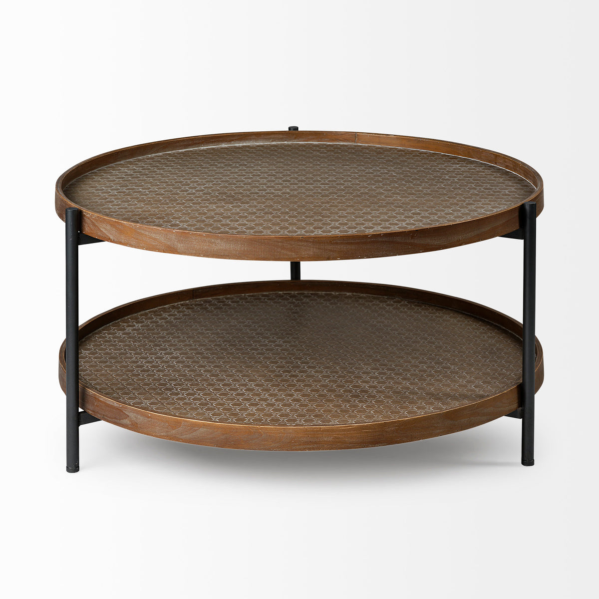 Kade 33" Round Brown Table Gray Metal Frame Two-Tier Coffee Table-Coffee Tables-DECOROLALA