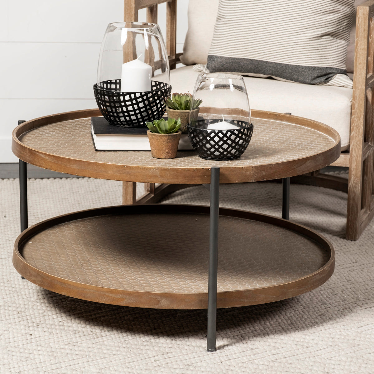 Kade 33" Round Brown Table Gray Metal Frame Two-Tier Coffee Table-Coffee Tables-DECOROLALA