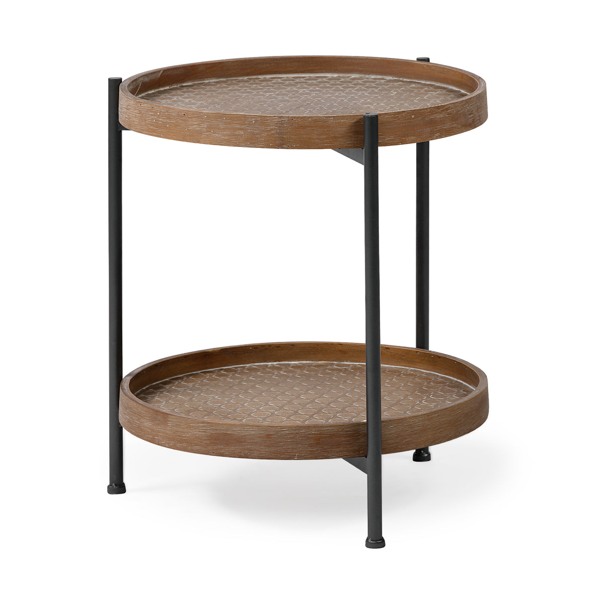 Kade III 16.9" Round Top Natural Brown Wood and Gray Metal Frame Tray-Style End/Side Table-End and Side Tables-DECOROLALA