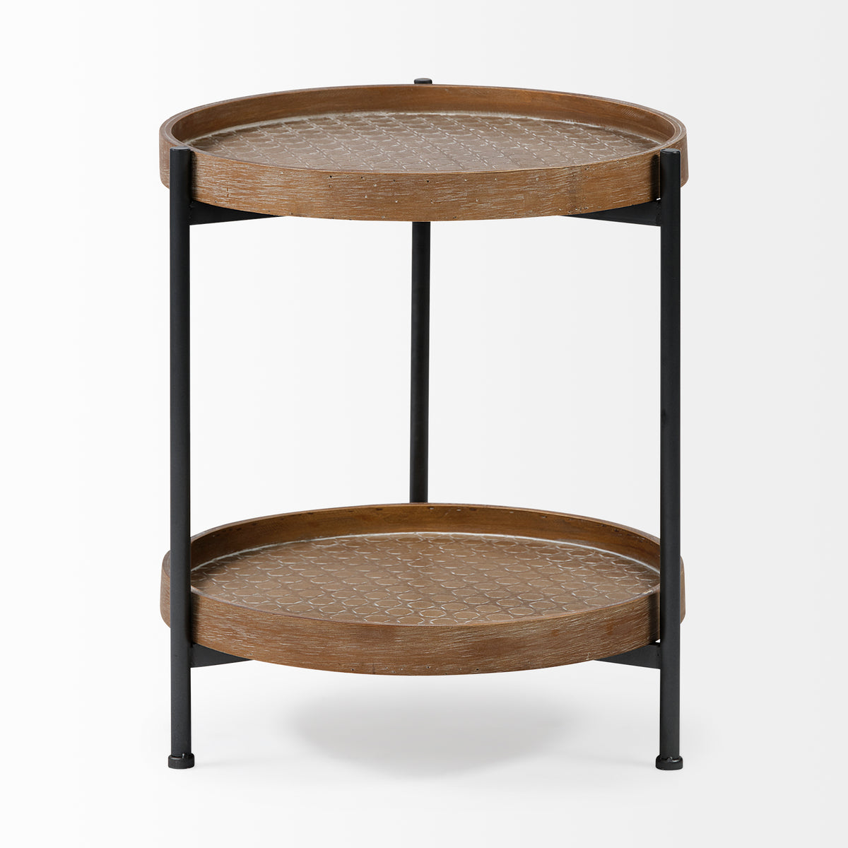 Kade III 16.9" Round Top Natural Brown Wood and Gray Metal Frame Tray-Style End/Side Table-End and Side Tables-DECOROLALA