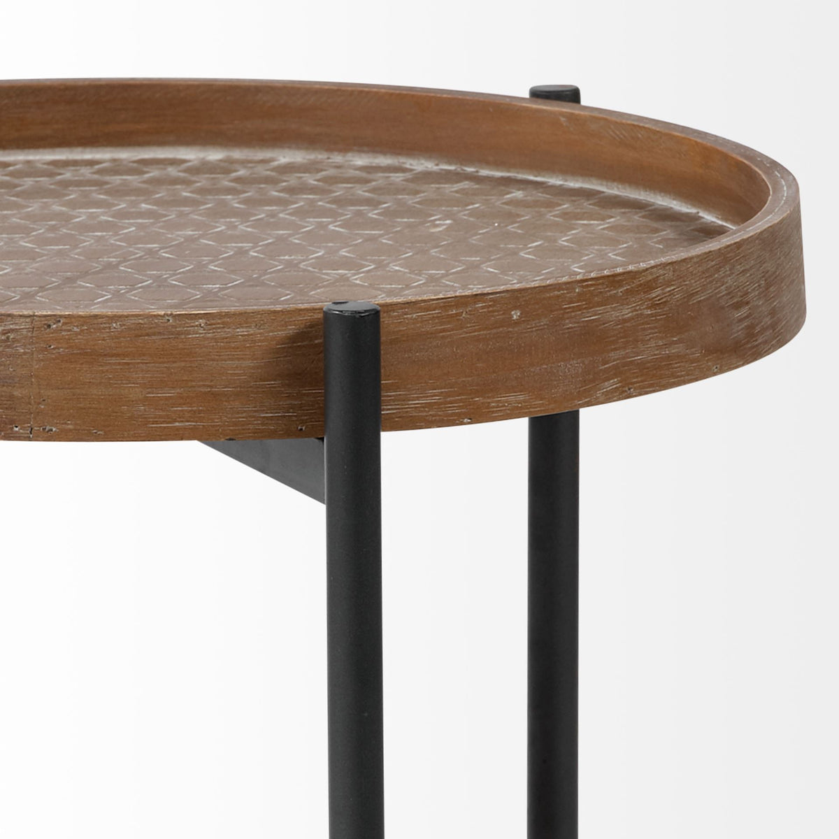 Kade III 16.9" Round Top Natural Brown Wood and Gray Metal Frame Tray-Style End/Side Table-End and Side Tables-DECOROLALA