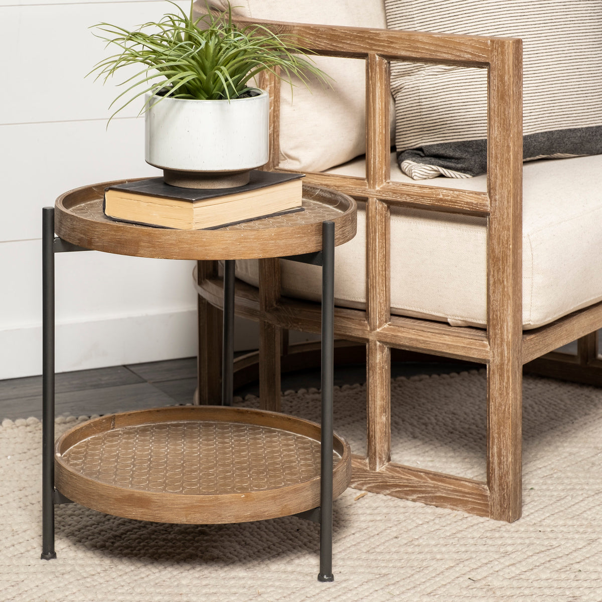 Kade III 16.9" Round Top Natural Brown Wood and Gray Metal Frame Tray-Style End/Side Table-End and Side Tables-DECOROLALA