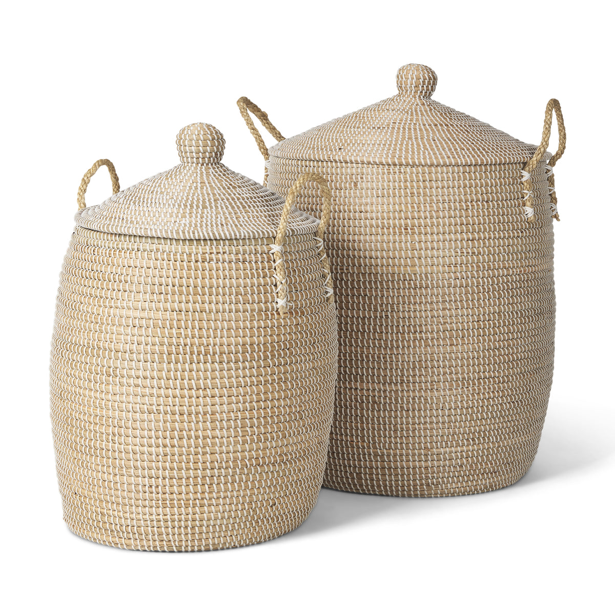 Kairi Set of 2 Seagrass Floor Baskets w/ Lids and Handles-Decorative Baskets-DECOROLALA