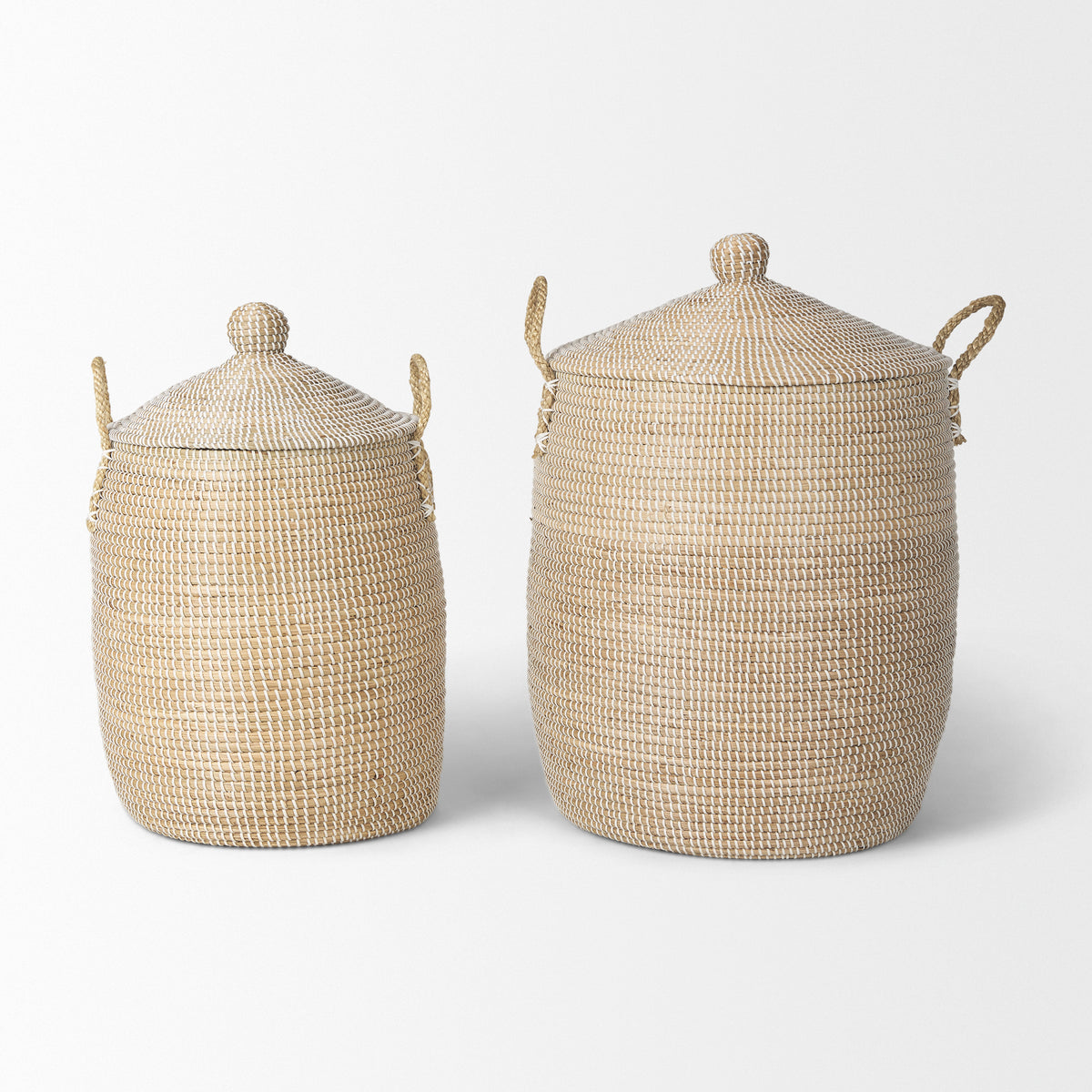 Kairi Set of 2 Seagrass Floor Baskets w/ Lids and Handles-Decorative Baskets-DECOROLALA