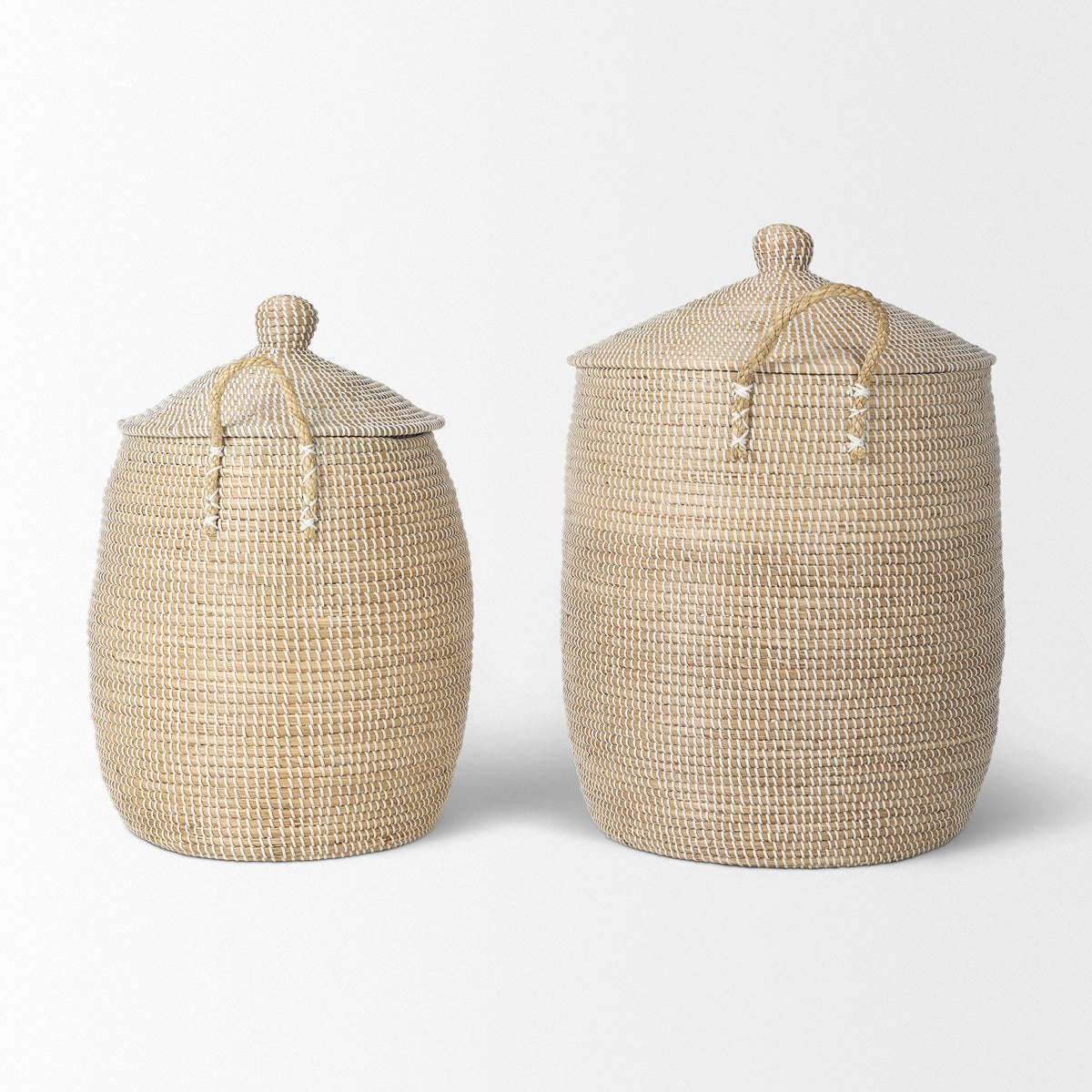 Kairi Set of 2 Seagrass Floor Baskets w/ Lids and Handles-Decorative Baskets-DECOROLALA