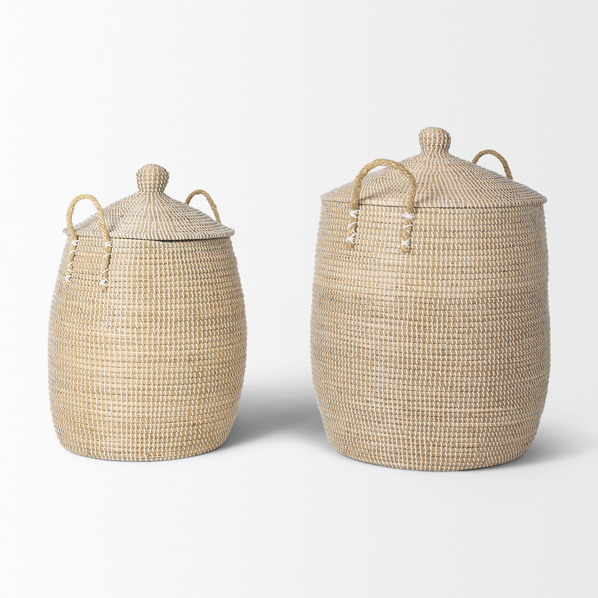 Kairi Set of 2 Seagrass Floor Baskets w/ Lids and Handles-Decorative Baskets-DECOROLALA