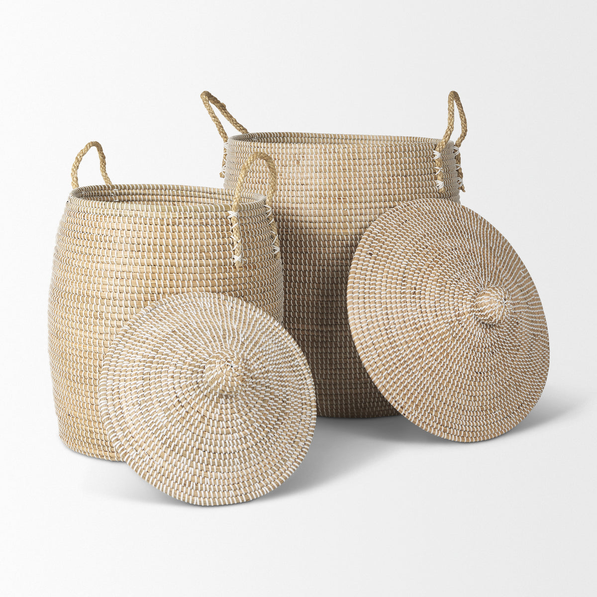 Kairi Set of 2 Seagrass Floor Baskets w/ Lids and Handles-Decorative Baskets-DECOROLALA