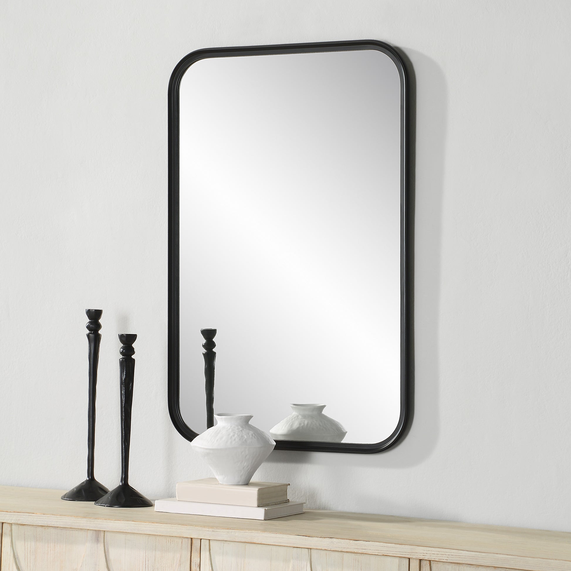 Kaja 36" Tall Rectangle Wall Mirror, Black-Mirror-DECOROLALA