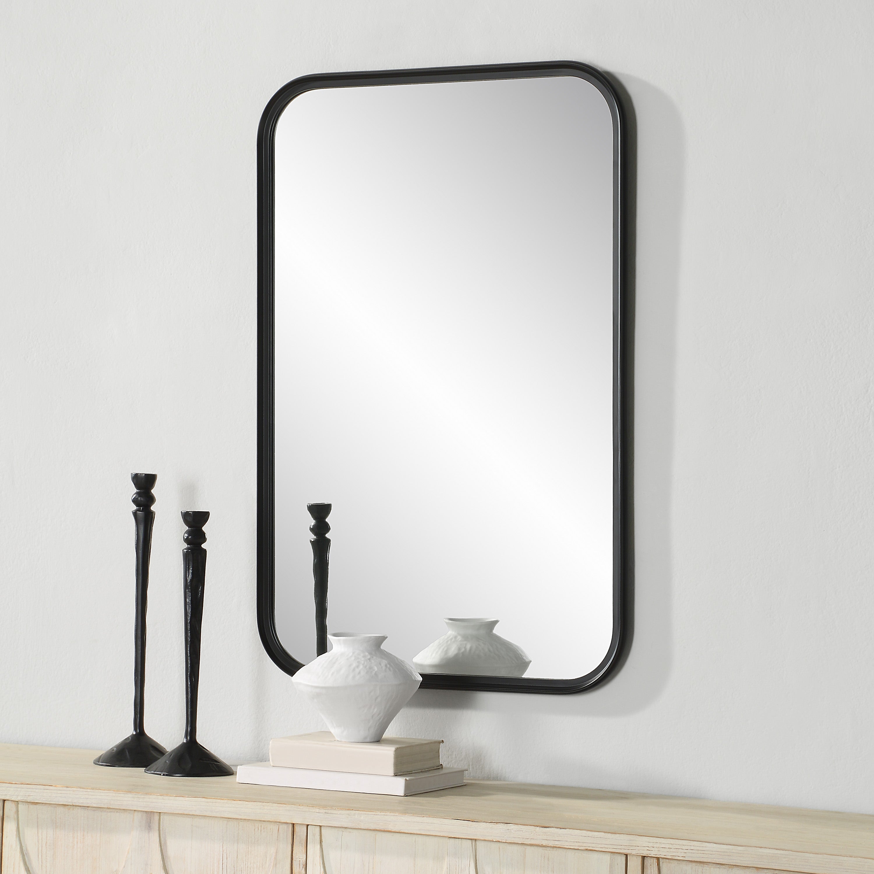 Kaja 36" Tall Rectangle Wall Mirror, Black-Mirror-DECOROLALA