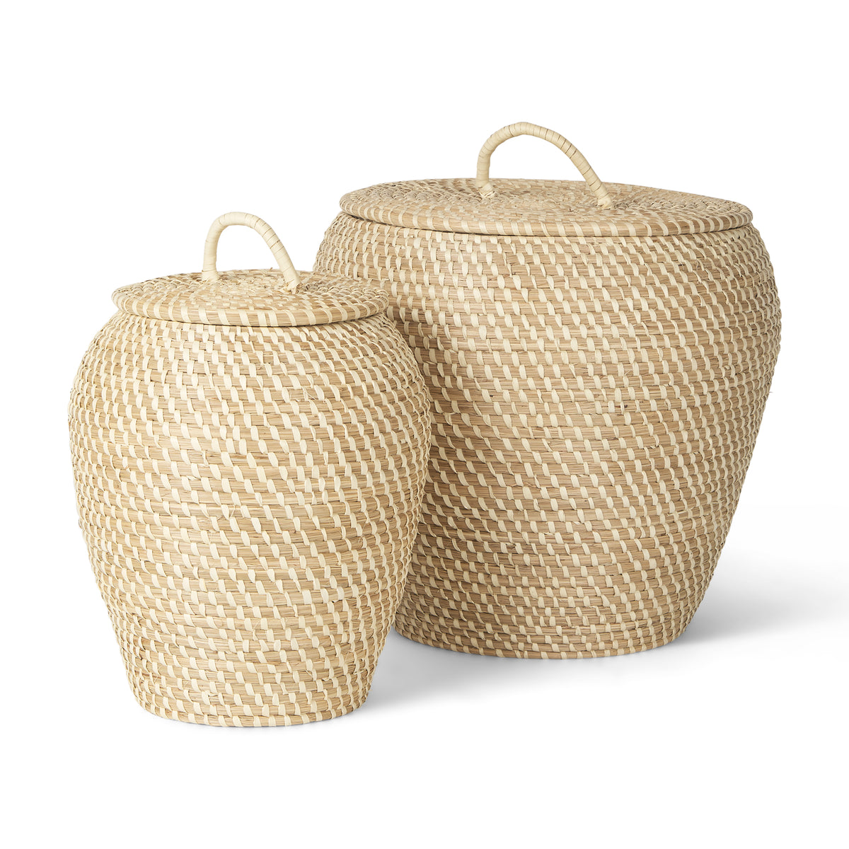 Kalopa Set of 2 Seagrass Floor Baskets w/ Flat Handled Lid-Decorative Baskets-DECOROLALA