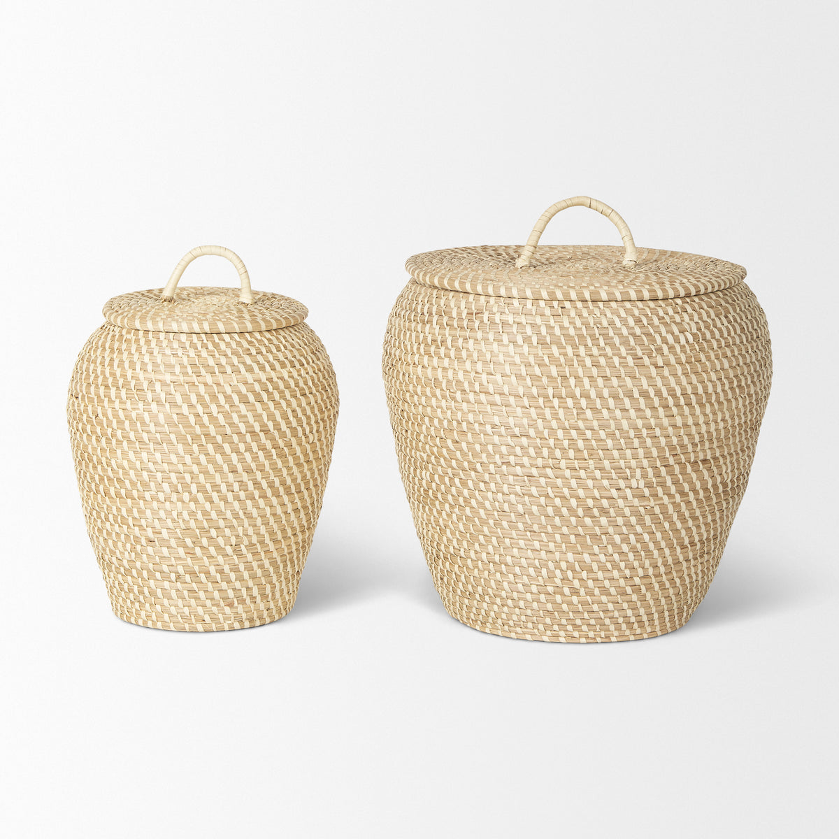 Kalopa Set of 2 Seagrass Floor Baskets w/ Flat Handled Lid-Decorative Baskets-DECOROLALA