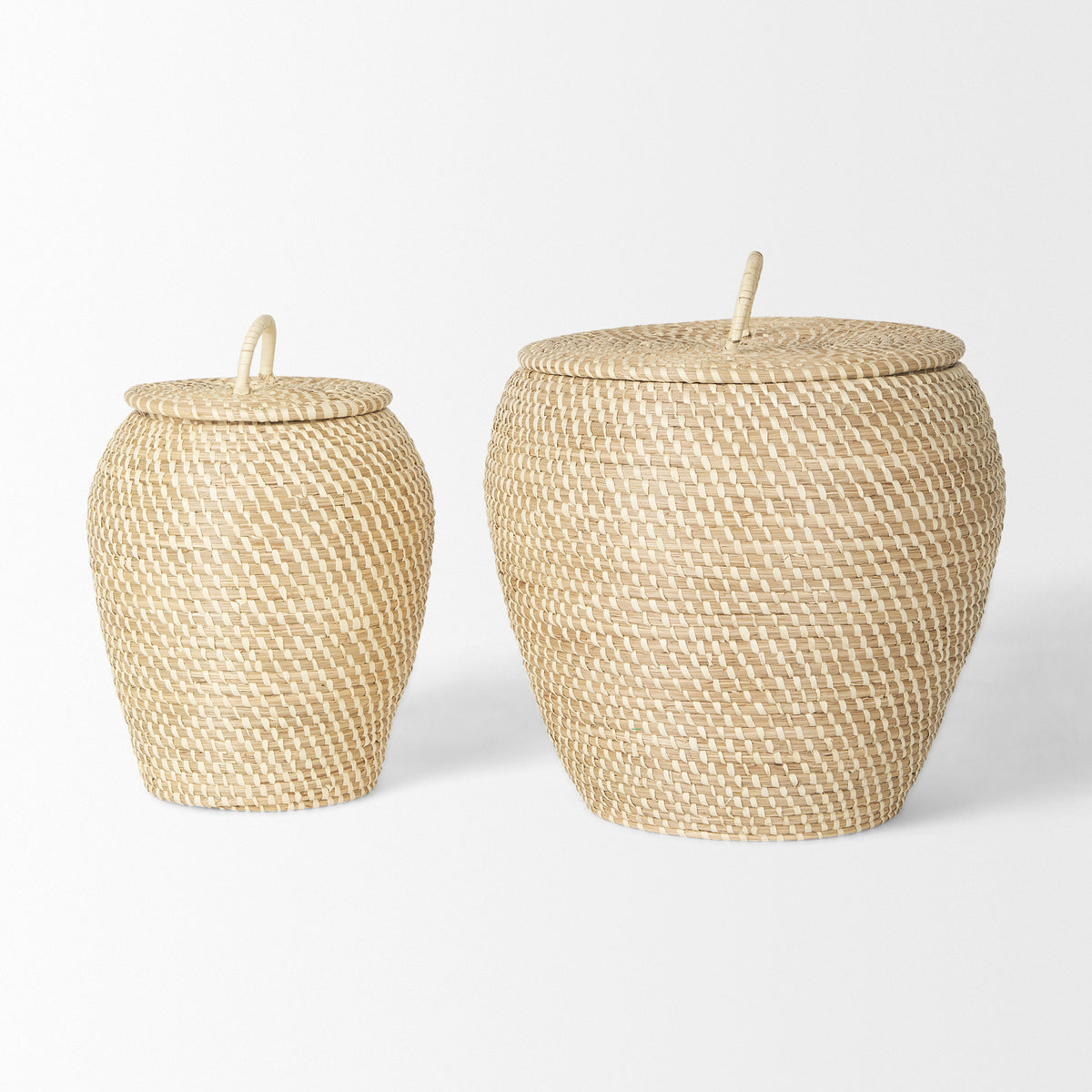 Kalopa Set of 2 Seagrass Floor Baskets w/ Flat Handled Lid-Decorative Baskets-DECOROLALA