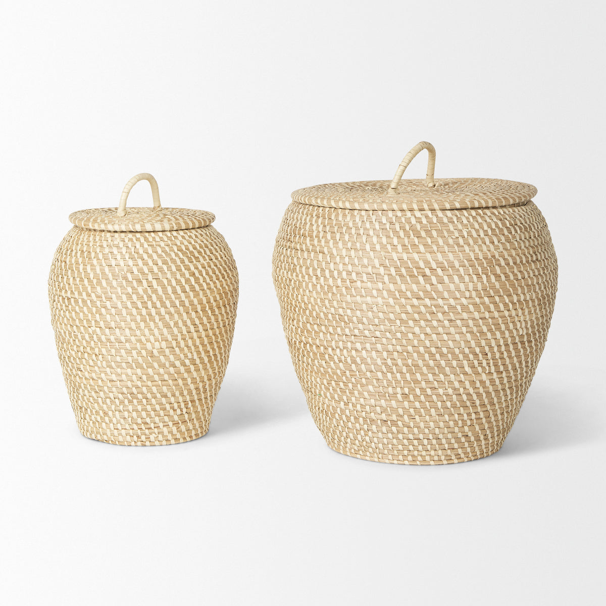 Kalopa Set of 2 Seagrass Floor Baskets w/ Flat Handled Lid-Decorative Baskets-DECOROLALA