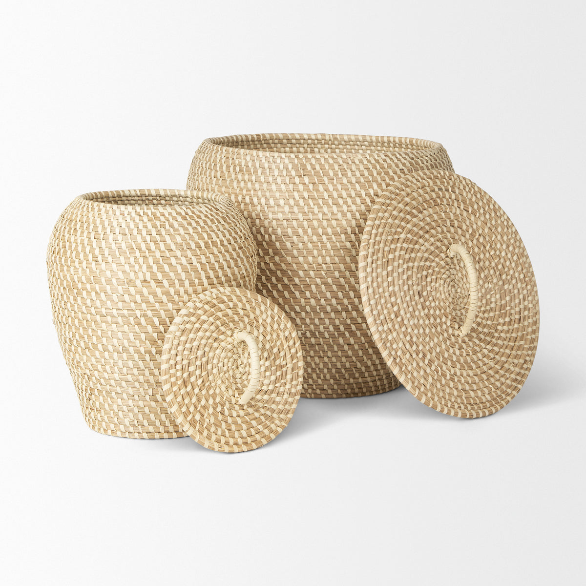 Kalopa Set of 2 Seagrass Floor Baskets w/ Flat Handled Lid-Decorative Baskets-DECOROLALA