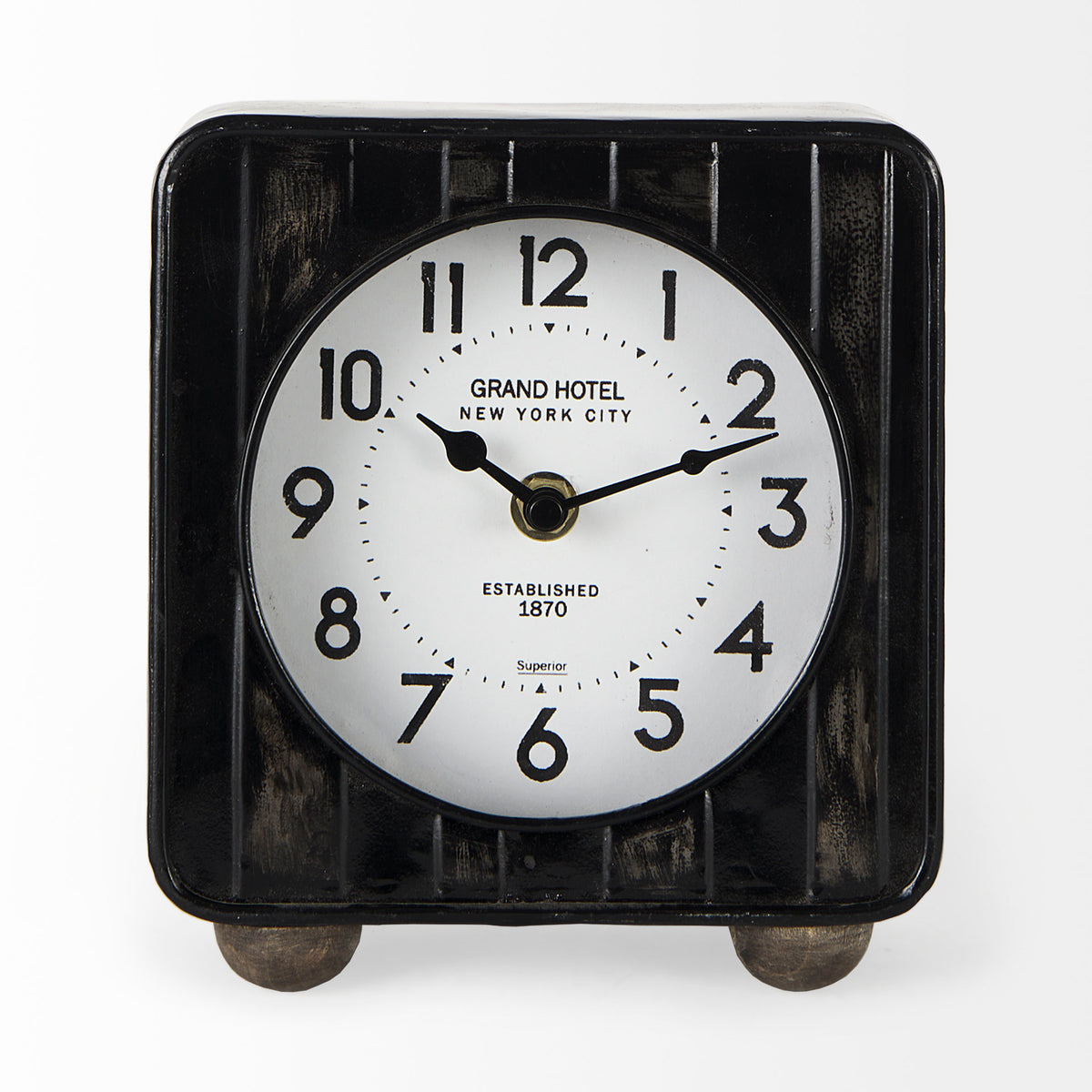 Karl 8.0L x 2.8W x 8.8H Rustic Iron Rounded Square Table Clock-Table Clocks-DECOROLALA