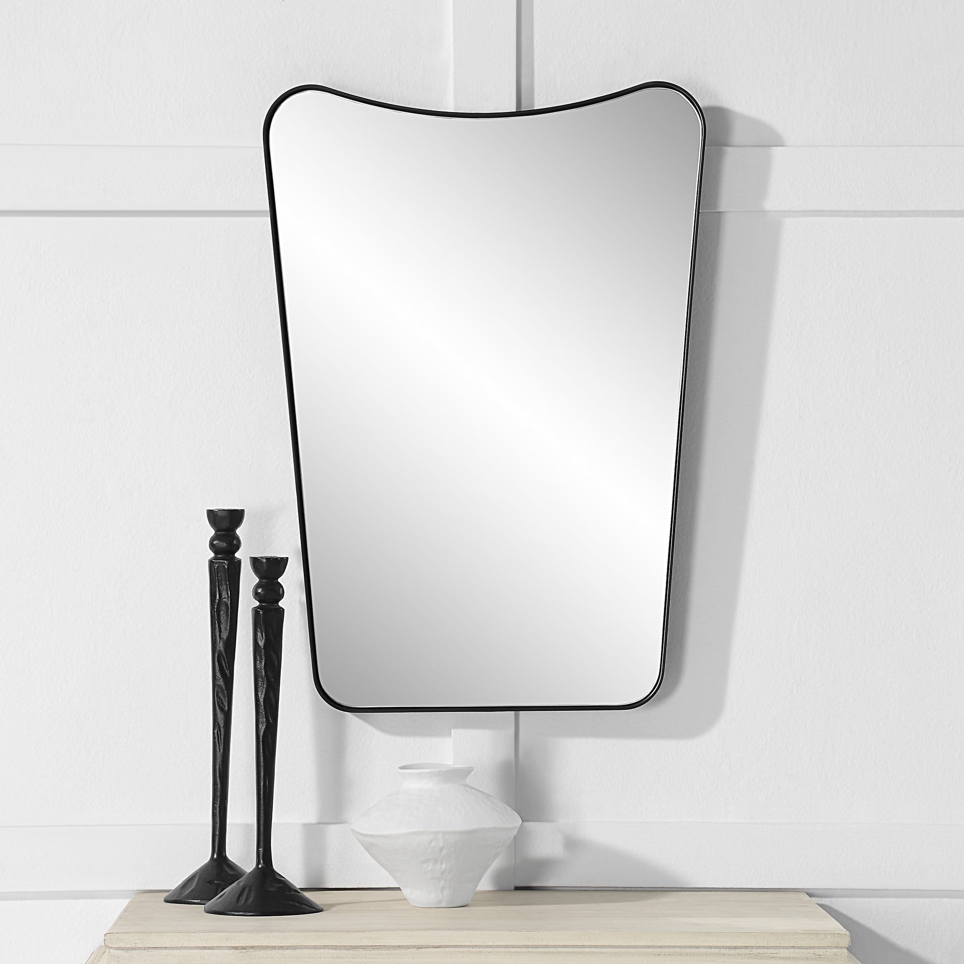 Kateri 28" Tall Irregular Wall Mirror, Black-Mirror-DECOROLALA