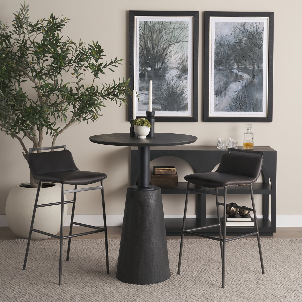 Kavalan 37.5" Total Height Ebony Leather Seat Black Metal Frame Bar Stool-Bar Stools-DECOROLALA