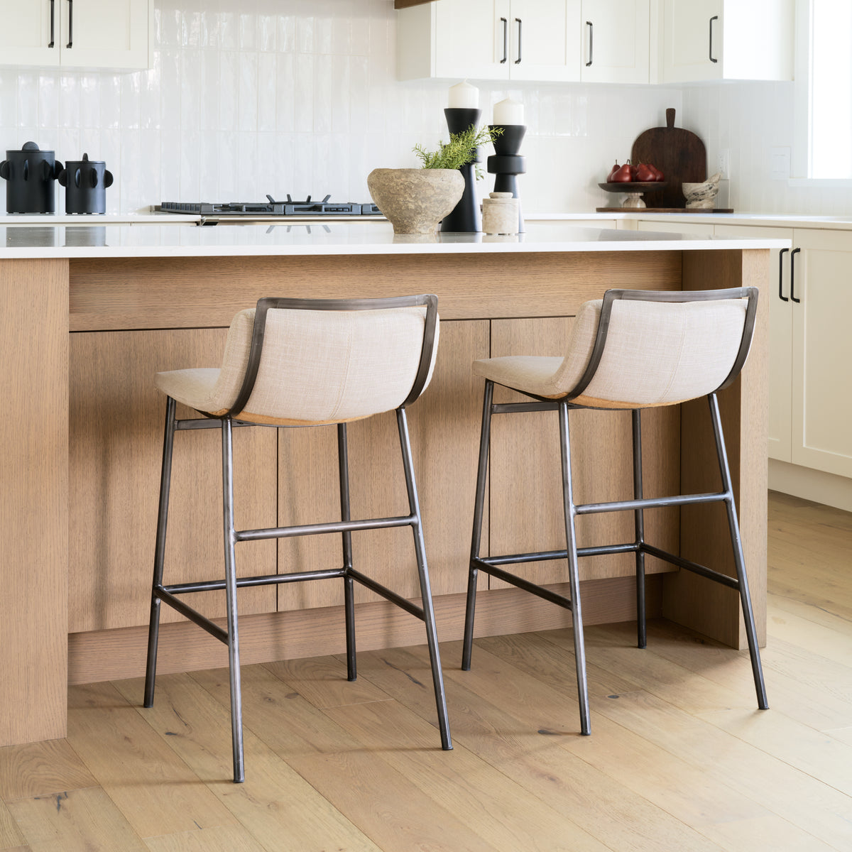 Kavalan 33.5" Total Height Beige Upholstered Seat Gray Metal Frame Counter Stool-Bar Stools-DECOROLALA